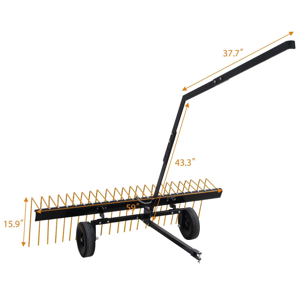 Garvee 59'' Tow Behind Lawn Dethatcher,24 Durable Spring Steel Tines Lawn Dethatcher, Tow Behind Steel Pine Straw Rake Designed to Lawn and Garden Tractors, Orange&Black