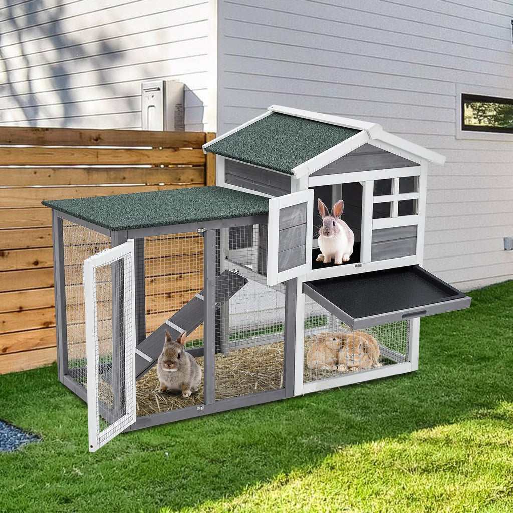 Garvee 46.5" Wooden Rabbit Hutch - 2-Tier Outdoor Small Animal Cage with Weatherproof PVC Roof, 2 Lockable Doors, Removable Waste Tray and Play Courtyard, Green and White