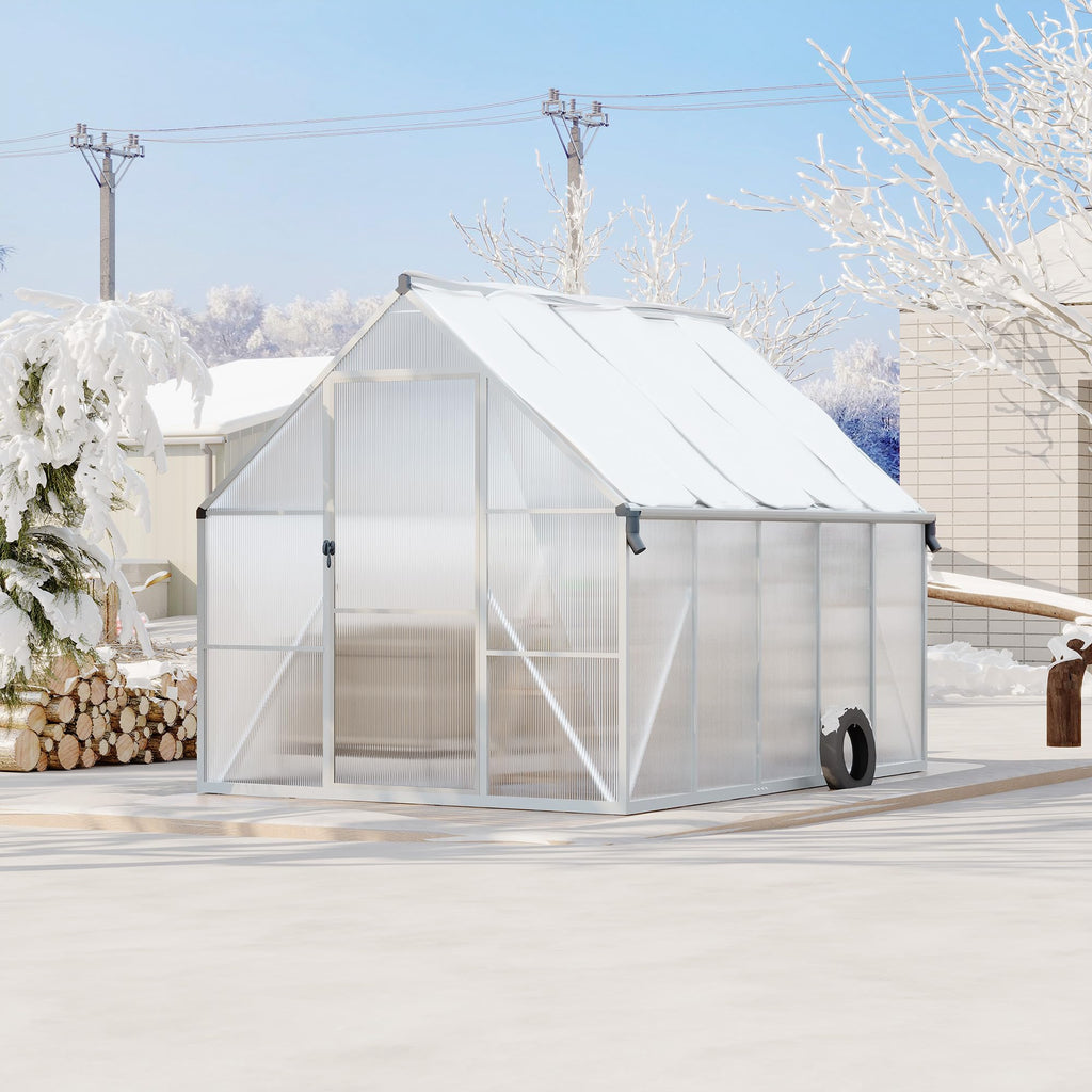 Garvee 8' × 10' Polycarbonate Greenhouse, Walk-In Aluminum Greenhouse with Lockable Door, Roof Vent, Rain Gutters & Reinforced Frame, Silver