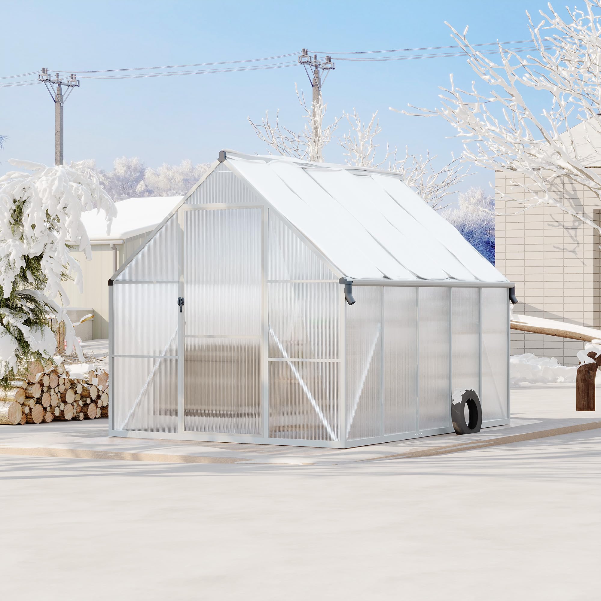 Garvee 8' × 10' Polycarbonate Greenhouse, Walk-In Aluminum Greenhouse with Lockable Door, Roof Vent, Rain Gutters & Reinforced Frame, Silver