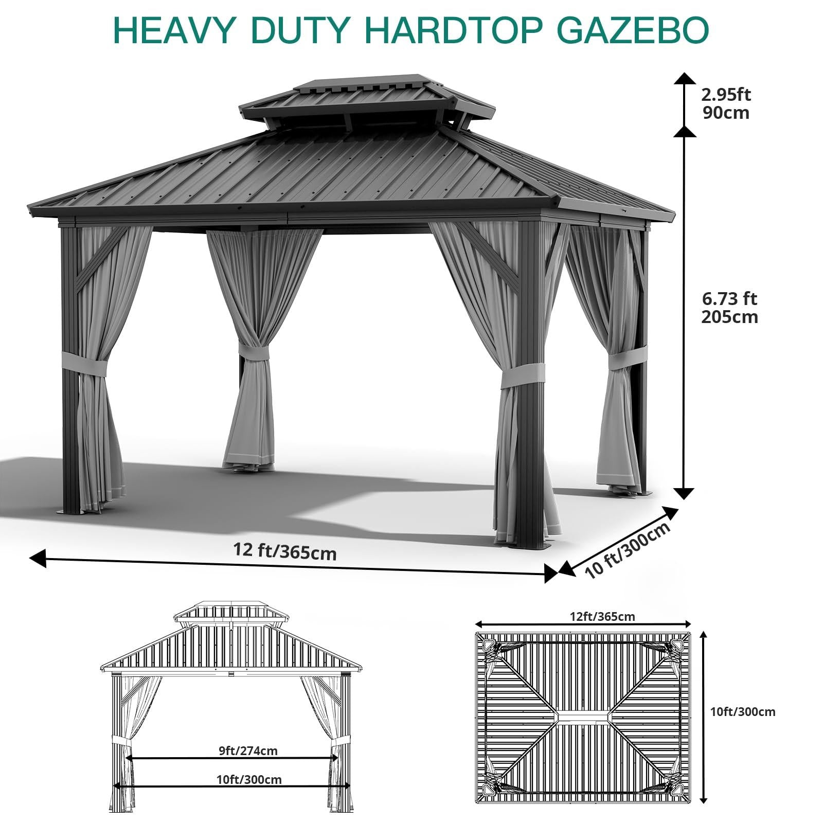 Garvee 10x12ft Hardtop Gazebo Outdoor Patio Pavilion Double Roof Aluminum Frame Waterproof Curtains Netting Backyard Deck Poolside