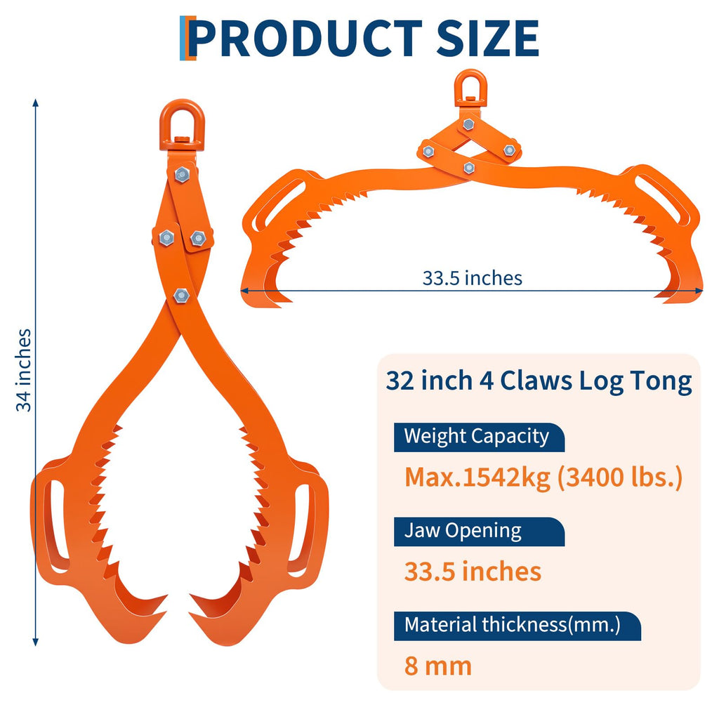 Garvee Heavy-Duty Log Lifting Tongs 32in 4 Claw Serrated Steel Non-Slip Grip Powder-Coated Steel Universal Fit for Logging & Wood Handling