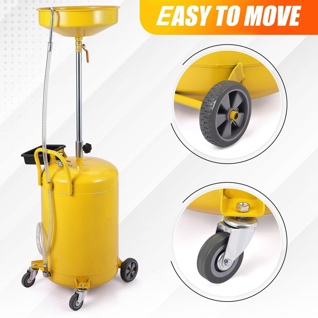 Garvee 20 Gallon Waste Oil Drain Tank Portable Air-Operated Adjustable Height Steel Oil Drainer with Wheels Automotive Workshop Use