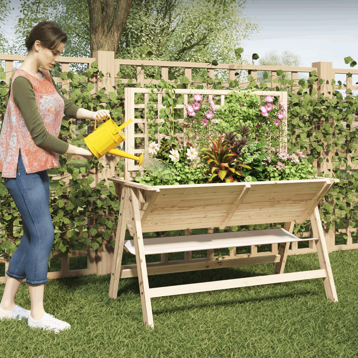 Garvee 52x30x54in Raised Garden Bed with Legs, Elevated Wooden Raised Planter Box with Vine Climbing Trellis Outdoor Standing Growing Bed for Growing Vegetables Flowers Herbs