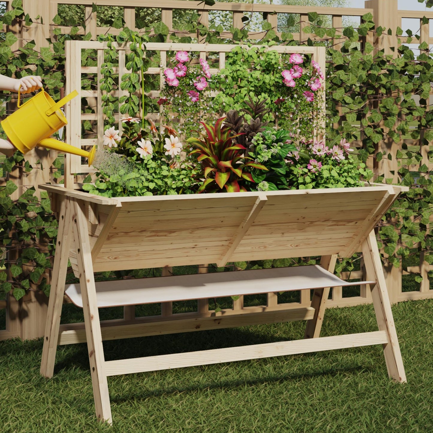 Garvee 52x30x54in Raised Garden Bed with Legs, Elevated Wooden Raised Planter Box with Vine Climbing Trellis Outdoor Standing Growing Bed for Growing Vegetables Flowers Herbs