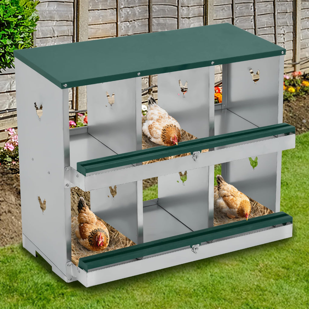 Garvee Chicken Nesting Box 6 Holes Heavy Duty Galvanized Steel Two-Tier Ventilated Dry Bedding Easy Assembly for Chicken Coop