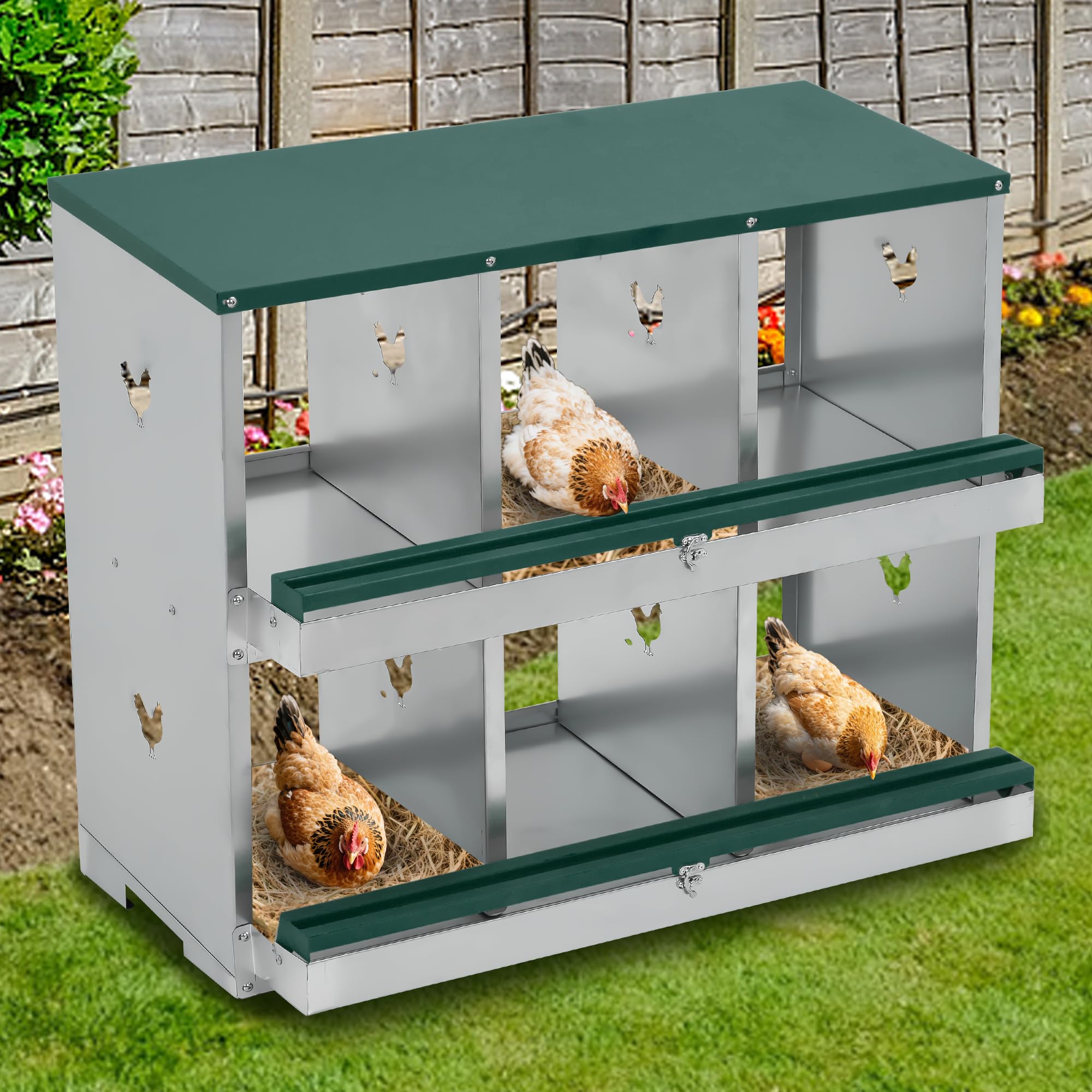 Garvee Chicken Nesting Box 6 Holes Heavy Duty Galvanized Steel Two-Tier Ventilated Dry Bedding Easy Assembly for Chicken Coop