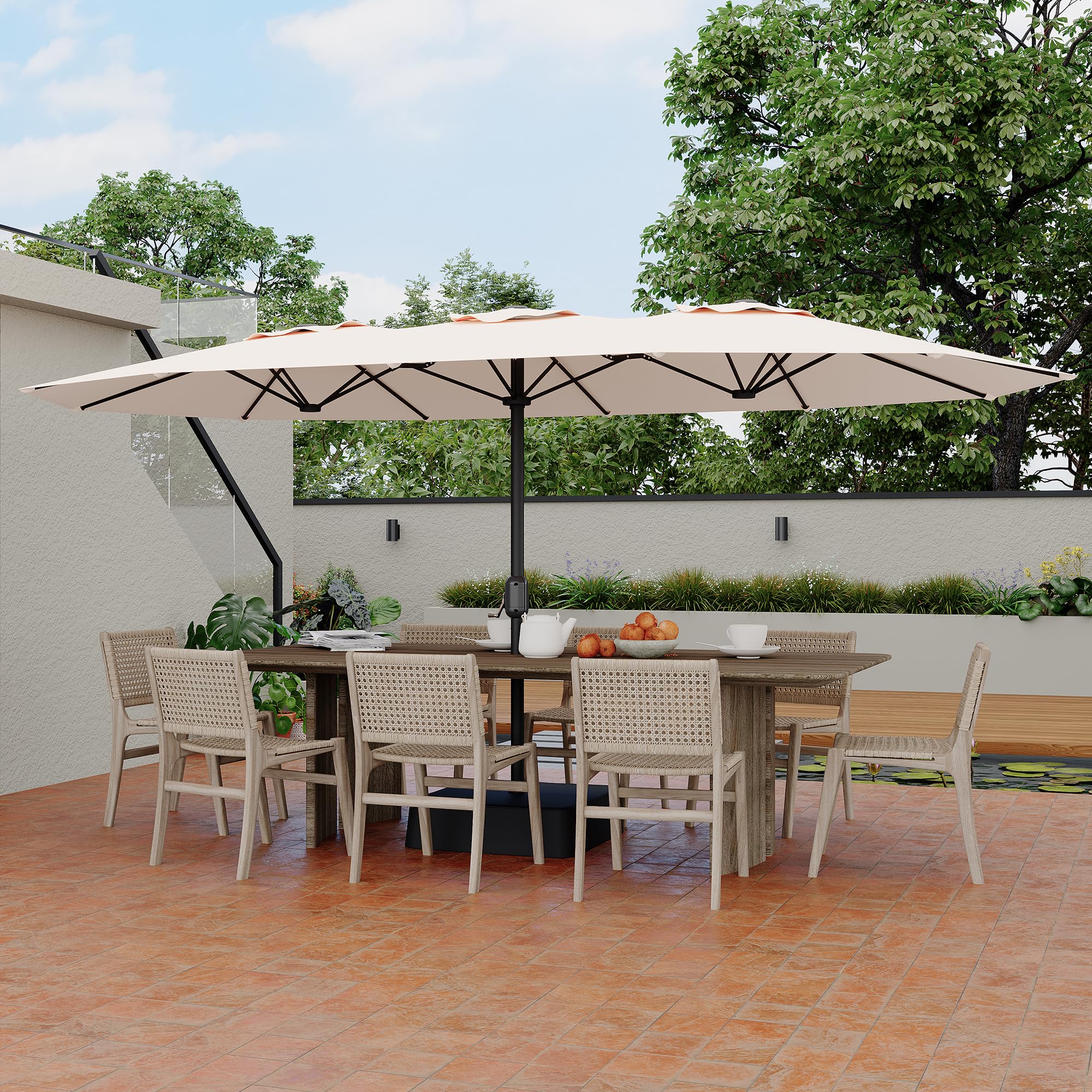 Garvee 15ft Double-Side Rectangular Pool Umbrella with Base - Large 133 sq ft Shade, Manual Crank, 180G Polyester, Rust-Resistant Steel, Safety Buckle - Patio, Poolside, Backyard