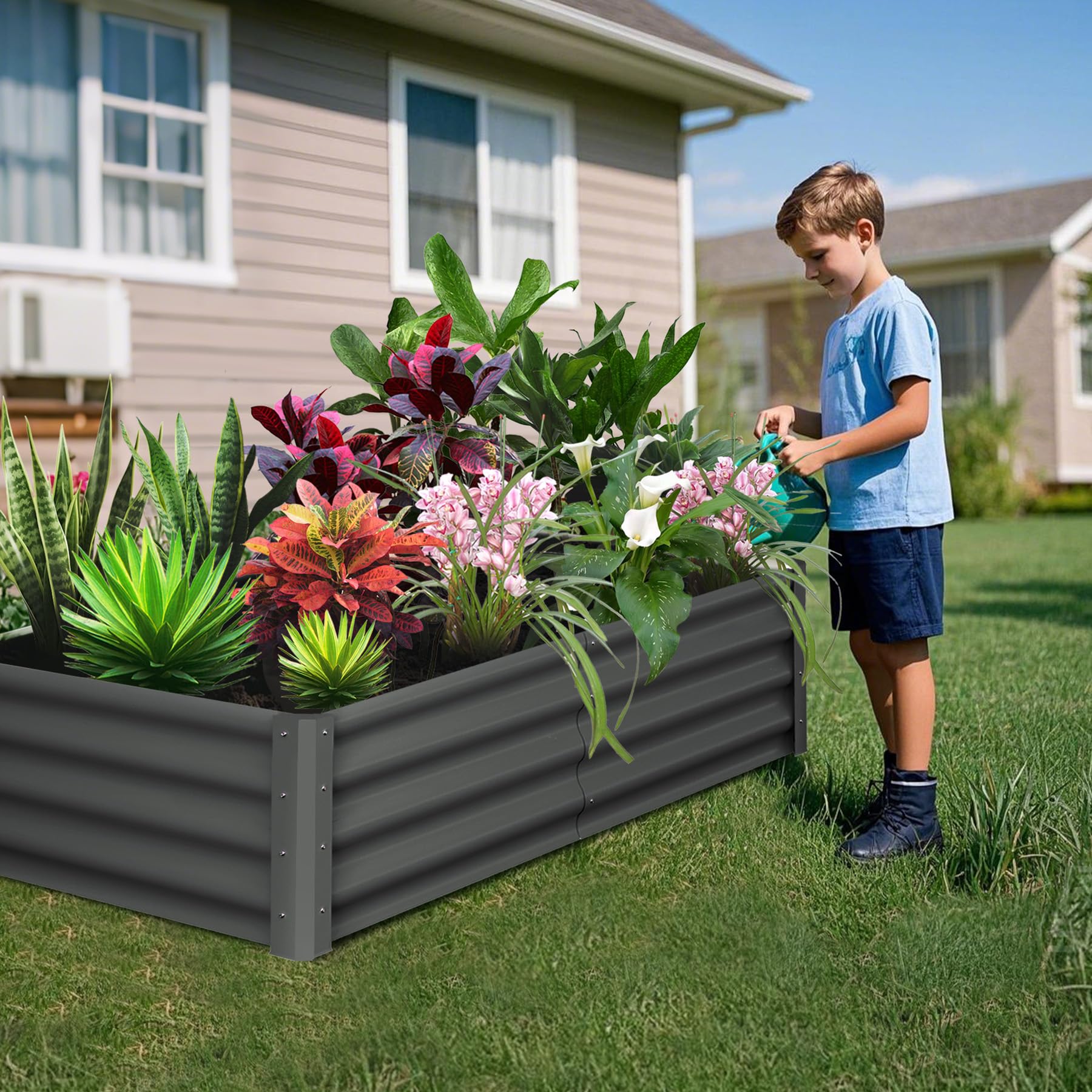 Garvee Galvanized Raised Garden Bed 6x3ft Metal Wave Design Heavy-Duty Steel Open Bottom Drainage Multiple Heights Outdoor Gardening