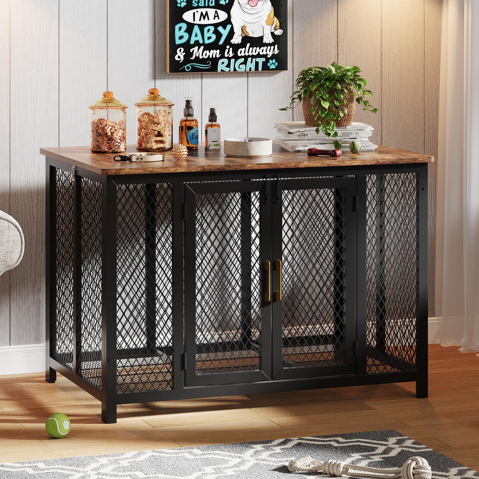 Garvee 48 Inch Large Dog Crate Furniture with Top Access Door, Heavy Duty Dog Crate Wooden Indoor Decorate Pet Cage, Indestructible Pet Dog Kennel for Small, Medium, Large Dogs
