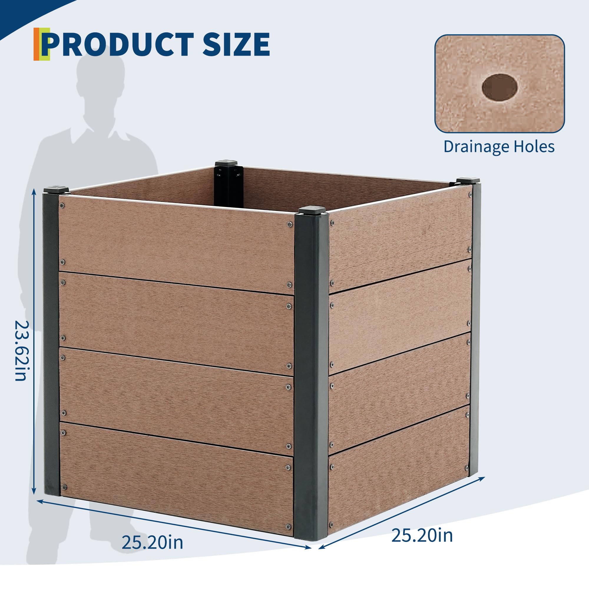 Garvee 25" × 25" × 23" Wood-Look Composite Raised Garden Bed, Planter Box with Bottom Panel & Drainage, Brown