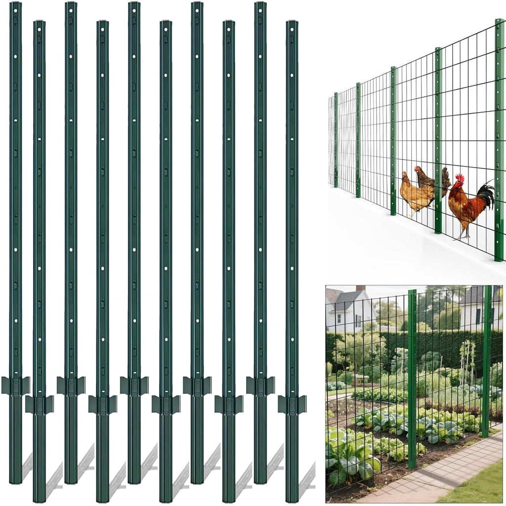 Garvee 7' Steel U-Post Fence - 10-Pack Rustproof w/Adjustable Tabs for Garden & Lawn Heavy Duty Metal Outdoor Posts