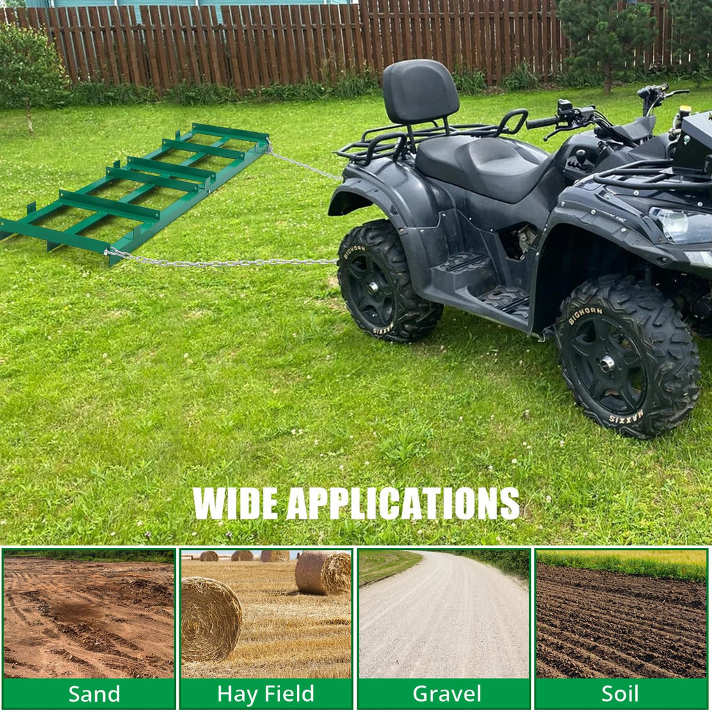 Garvee 6FT Drag Harrow Driveway Grader, Heavy Duty Power Rake w/ 6 Ft Chain, Tow Behind Lawn Rake for Atv, Utv, Tractor, Mower, Land Leveler for Gravel, Sand, Soil, Hay