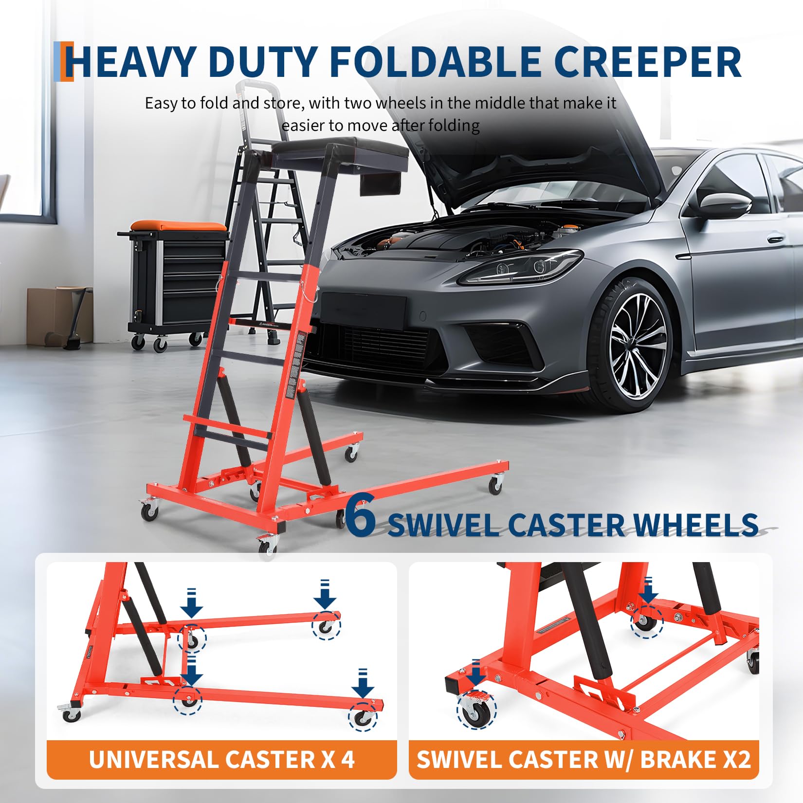 Garvee Top Automotive Creeper Adjustable Height 49.21-68.89" Heavy Duty 400 LBS Steel Frame Foldable with 6 Swivel Casters for Garage Auto Repair