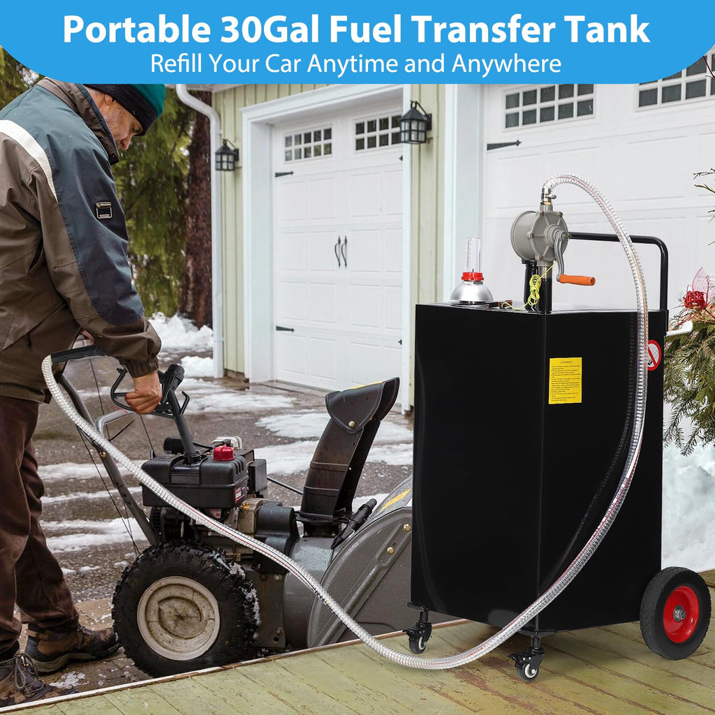 Garvee 30 Gallon Portable Fuel Caddy Stainless Steel Manual Pump Anti-Leak Clear Gauge Wheels Outdoor Use