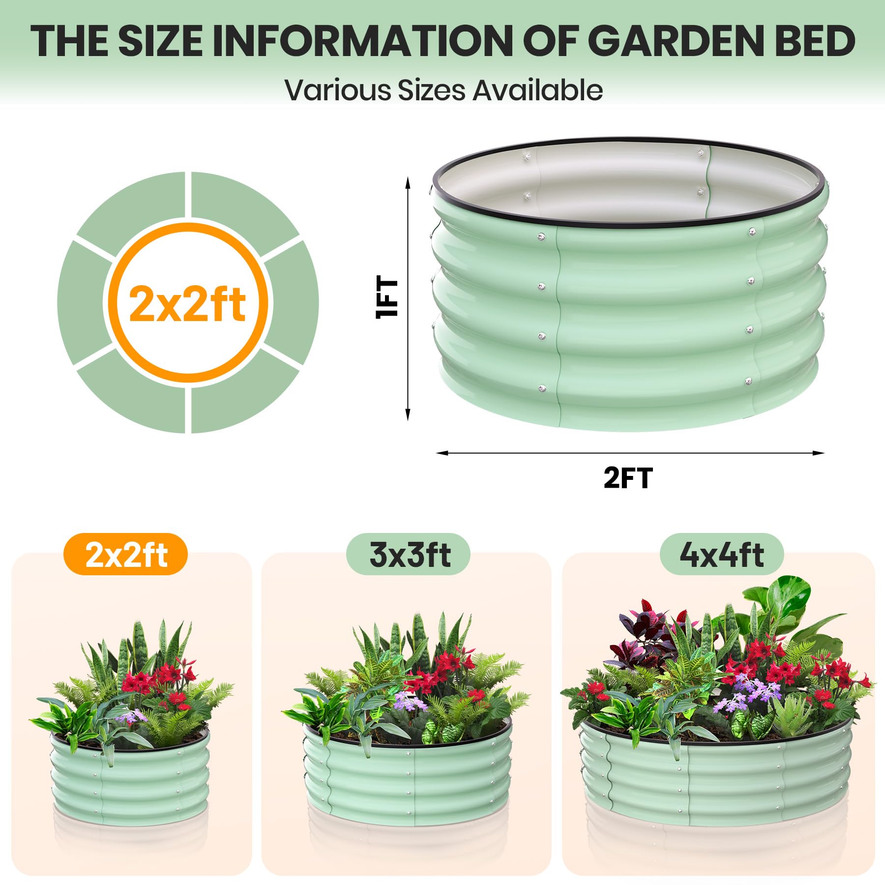 Garvee Round Galvanized Raised Garden Bed - Heavy-Duty Steel, Open Bottom Design - 2FT/3FT/4FT Sizes - Safety Corners - Outdoor Flower & Vegetable Gardening