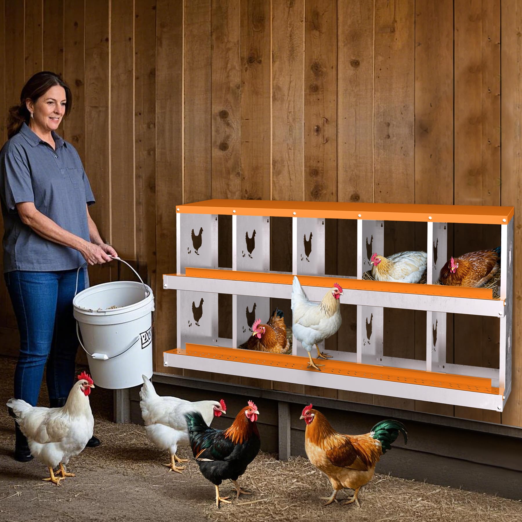 Garvee 10-Hole Chicken Nesting Box Galvanized Steel Rustproof Automatic Egg Collection Ventilated Easy Install Wall or Freestanding for Chicken Coop Orange