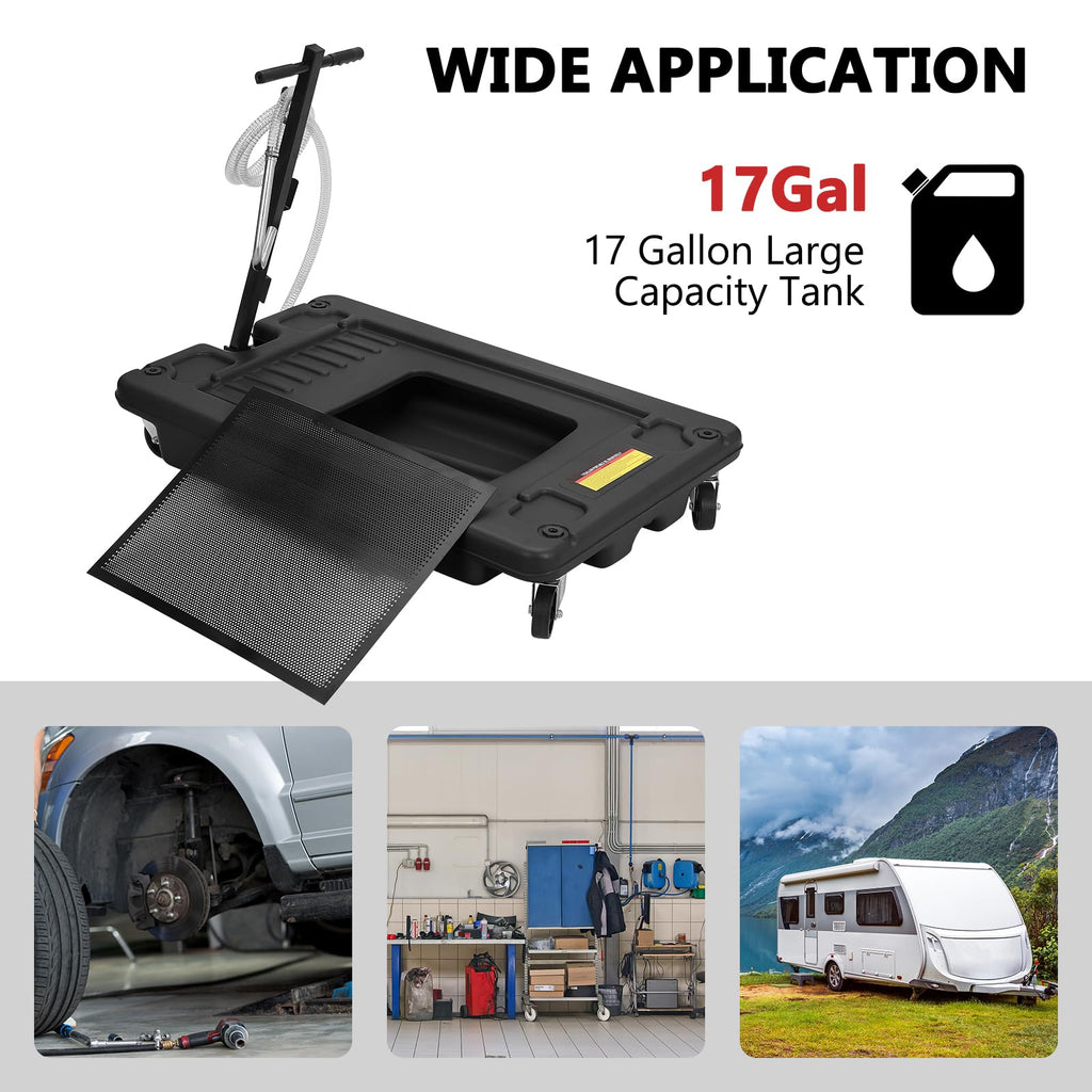Garvee 17 Gallon Electric Oil Drain Pan with 12V Pump & 8 Ft Hose, Low Profile, T Folding Handle, Polypropylene, Wheels, for Cars SUVs Trucks