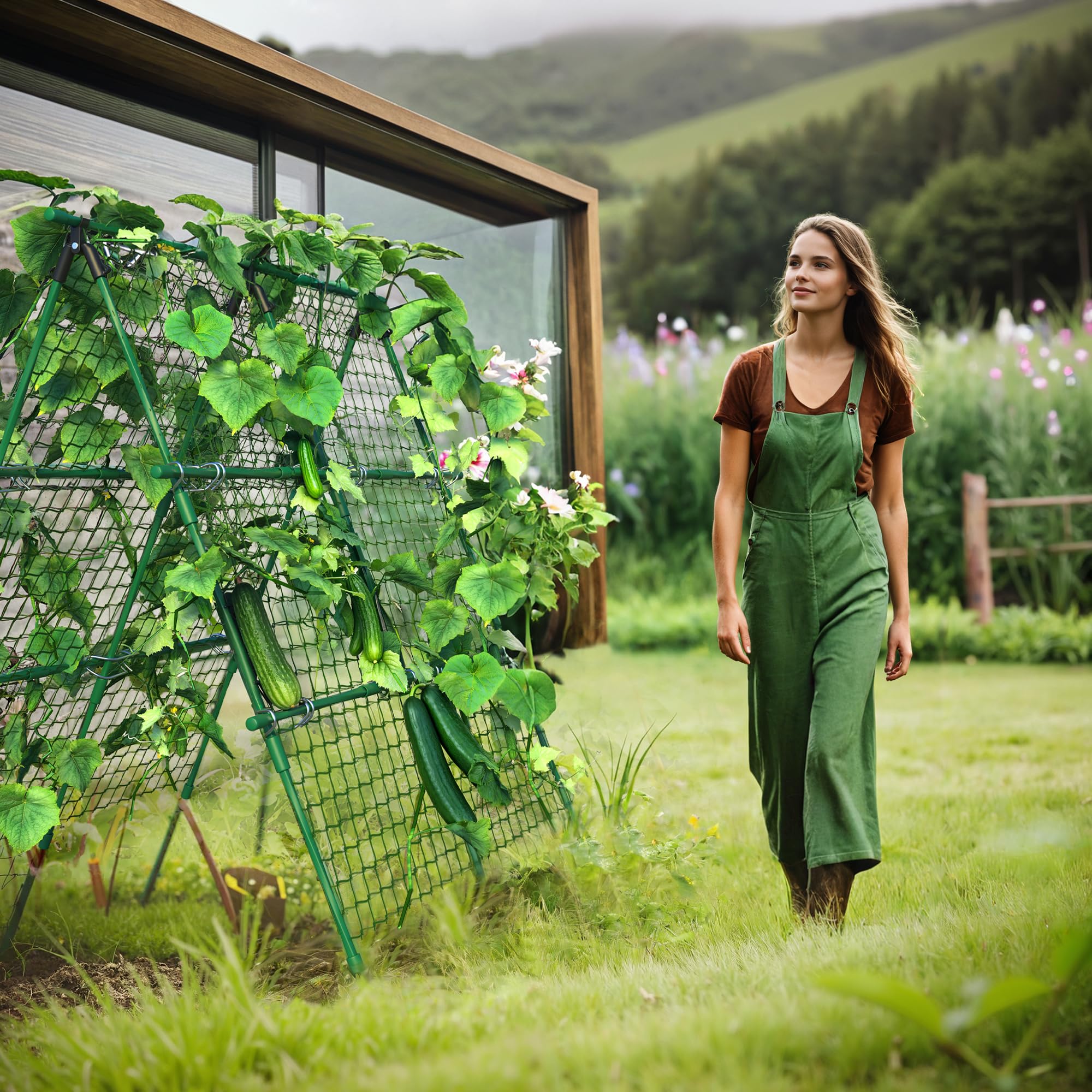 Garvee Cucumber Trellis for Garden & Raised Bed, 47"x47" Outdoor Plant Trellis for Climbing Plants, Metal Support Trellis with Net for Vines Flowers