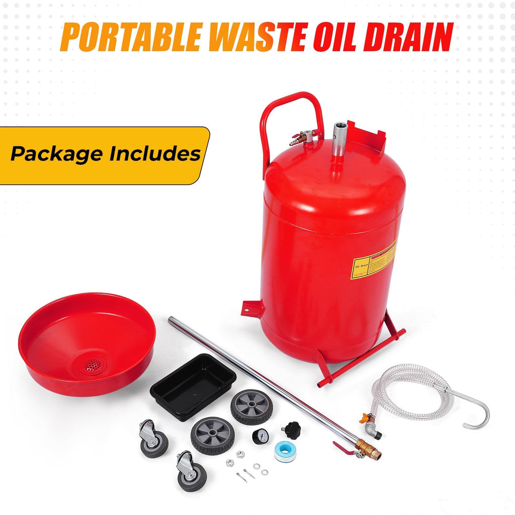 Garvee 20 Gallon Portable Waste Oil Drain Tank with Wheels, Adjustable Funnel Height, Steel Construction, Pressure Valve, for Auto Repair Shops