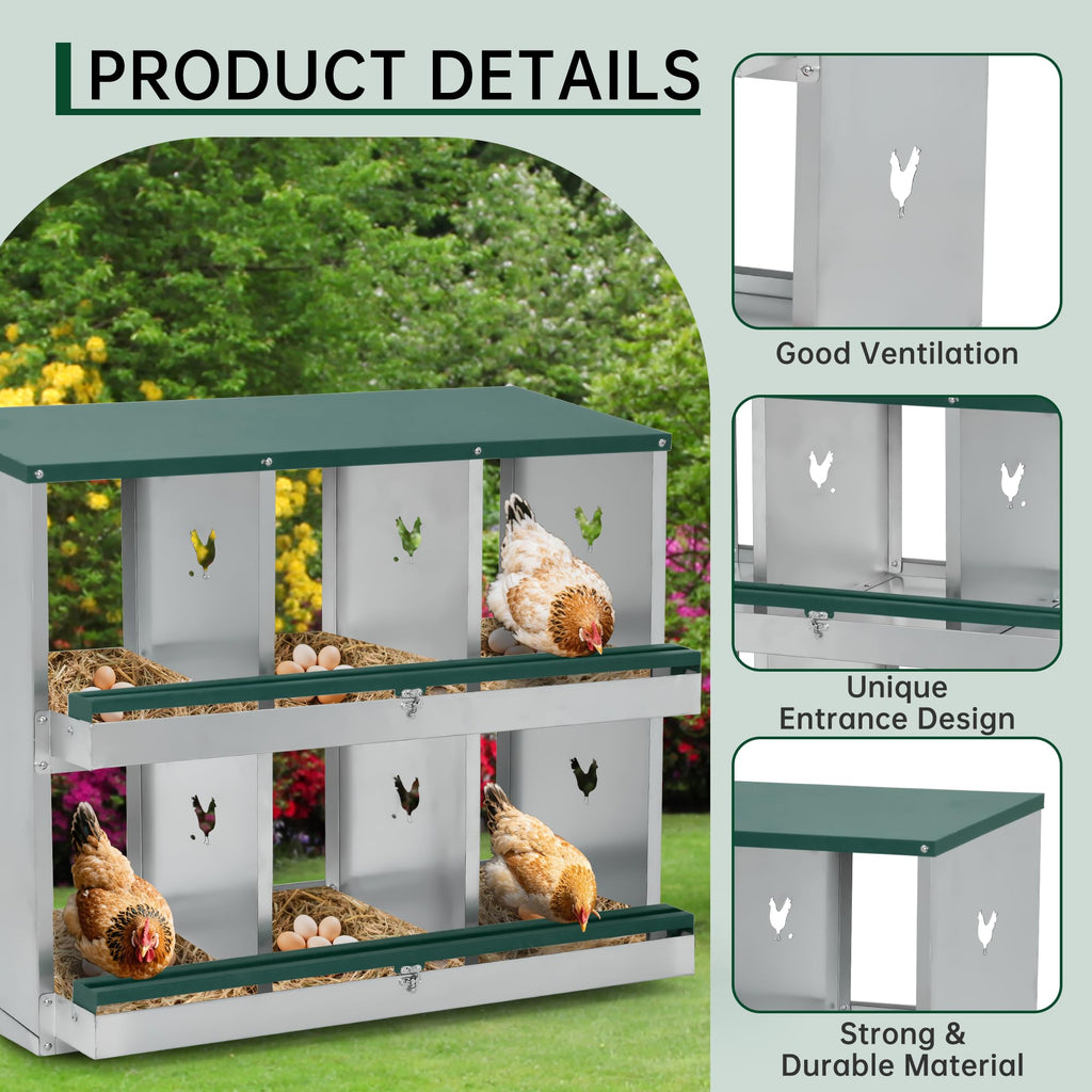Garvee Chicken Nesting Box 6 Holes Heavy Duty Galvanized Steel Two-Tier Ventilated Dry Bedding Easy Assembly for Chicken Coop
