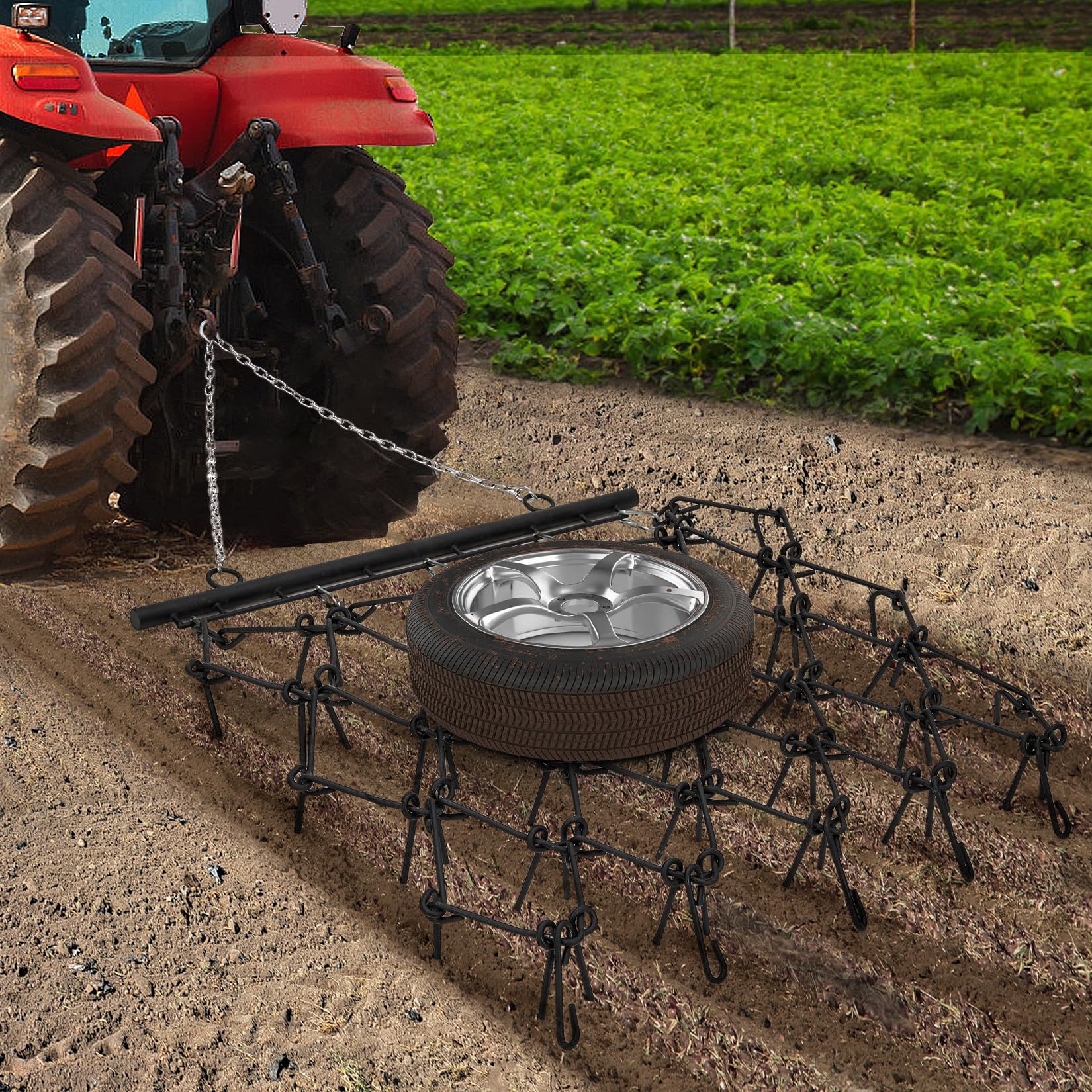 Garvee Heavy Duty Drag Harrow 5x4.5 FT Q235 Steel Thick Tines Adjustable Tow Bar Powder Coated Black for ATV UTV Lawn Tractors Farm Landscaping