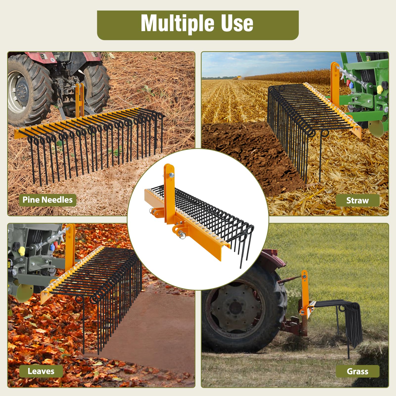 GARVEE 72" Pine Straw Rake - 30 Spring Tines, Powder Coated Steel, 3-Point Hitch Cat 0/1 (Tow Behind for Yard Cleanup/Dethatching)