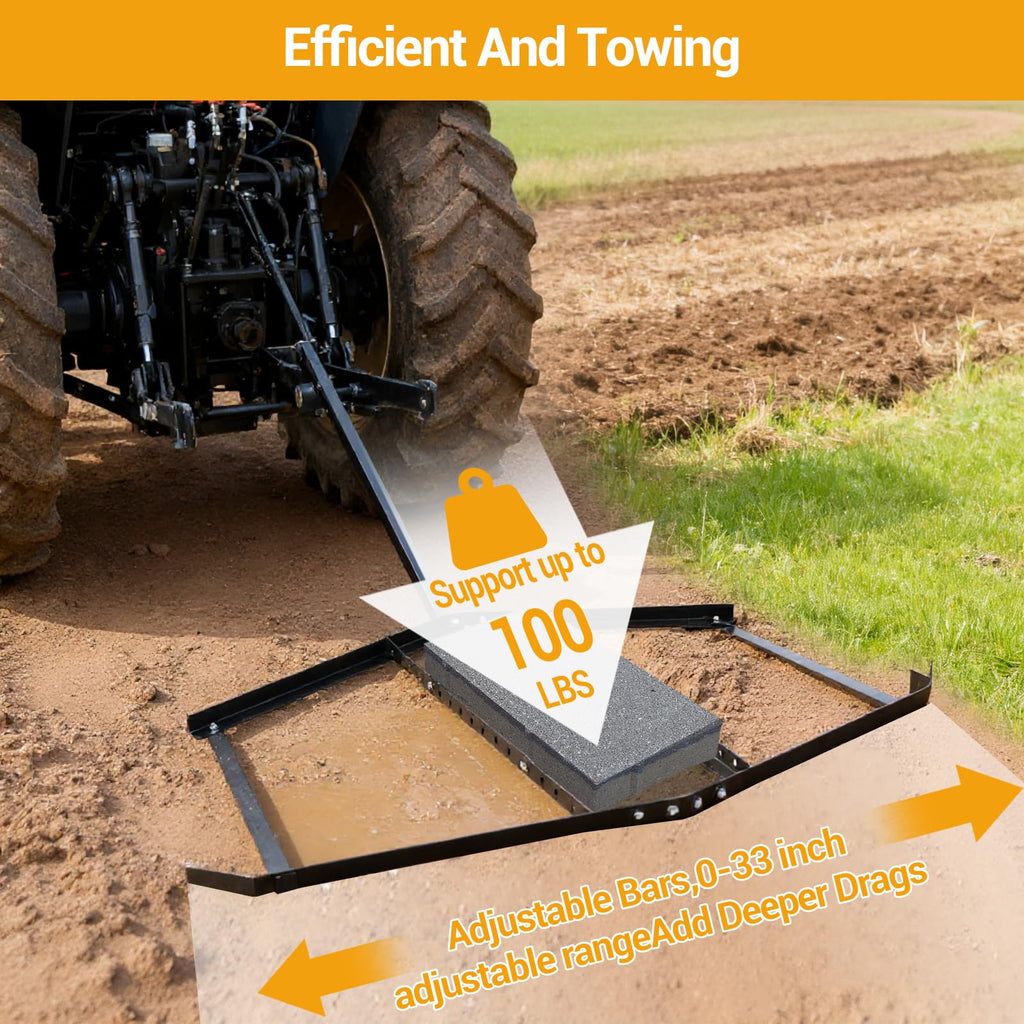 Garvee Driveway Drag 66" Steel Drag Harrow Heavy-Duty Rust-Resistant Adjustable Bars Pin-Style Hitch Tow Behind ATV UTV Garden Tractor Yard Leveling