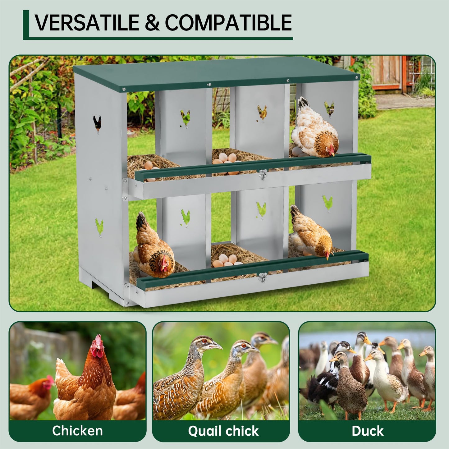 Garvee Chicken Nesting Box 6 Holes Heavy Duty Galvanized Steel Two-Tier Ventilated Dry Bedding Easy Assembly for Chicken Coop