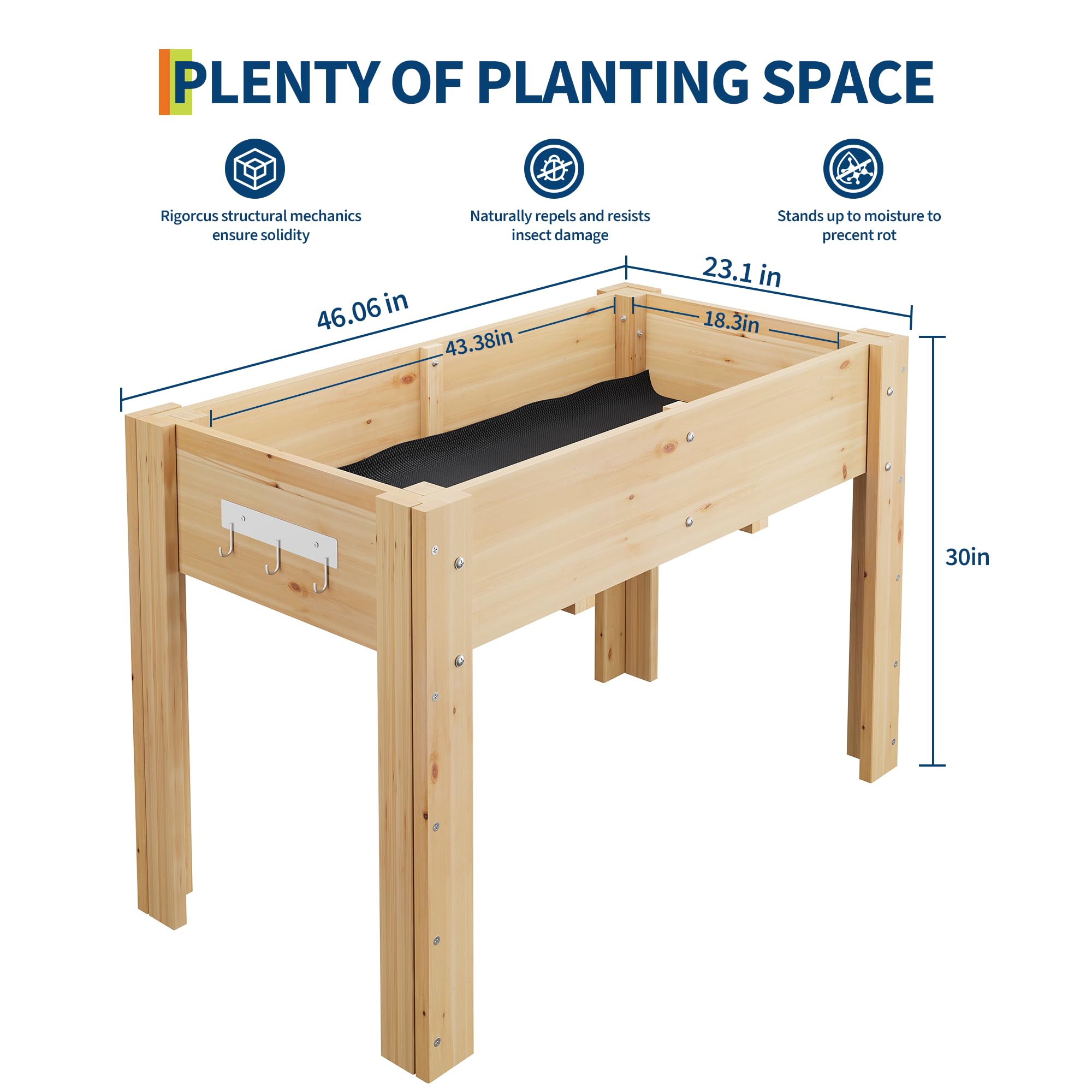 Garvee Raised Garden Bed 47x30x23in Solid Fir Wood Elevated Planter with Fabric Liner, Hooks & Legs for Outdoor Vegetable Herb Growing Patio