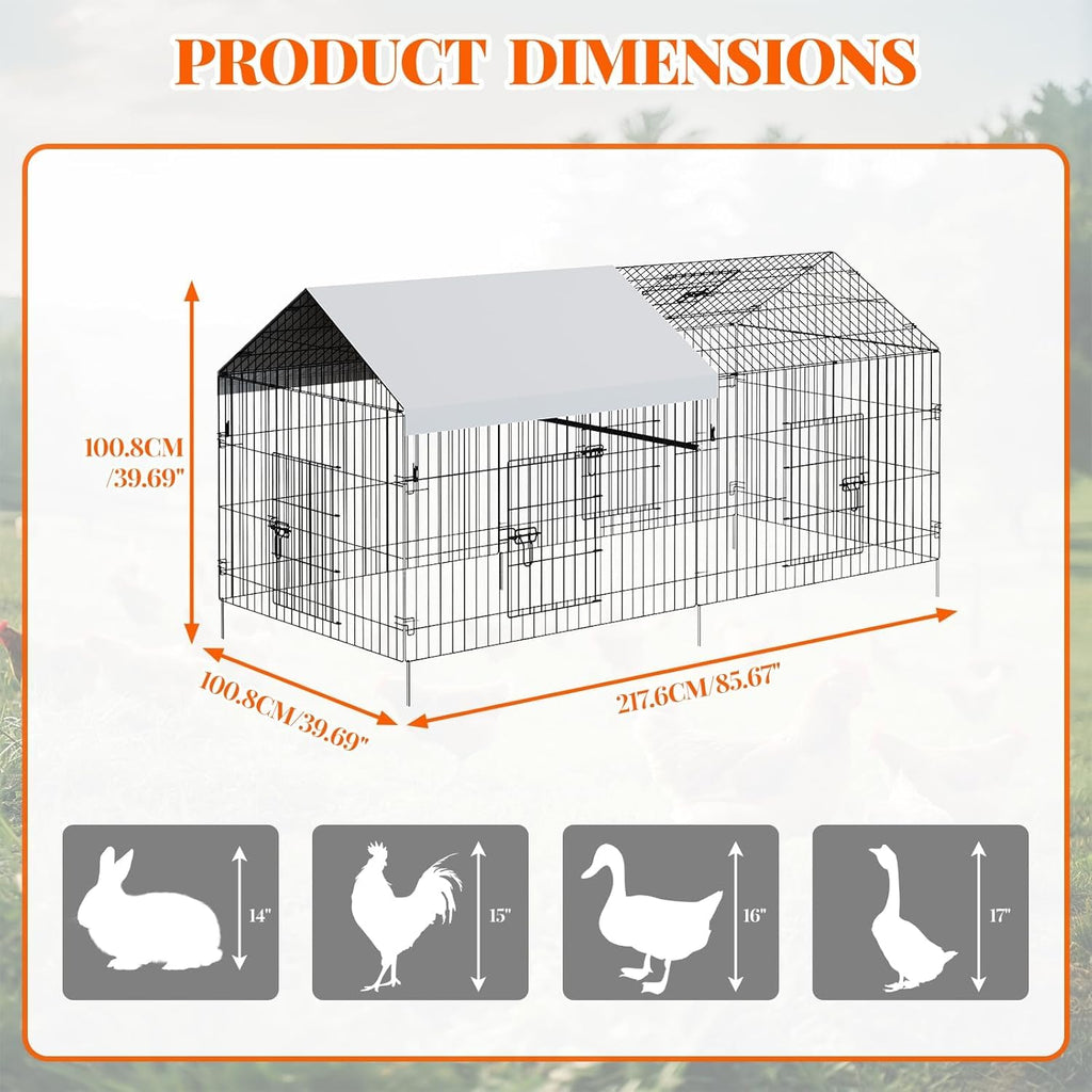 Garvee Chicken Coop 86 in ×40 in Chicken Runs for Yard with Cover Outdoor Metal Chicken Coop for Small Animals Duck Rabbit Hen