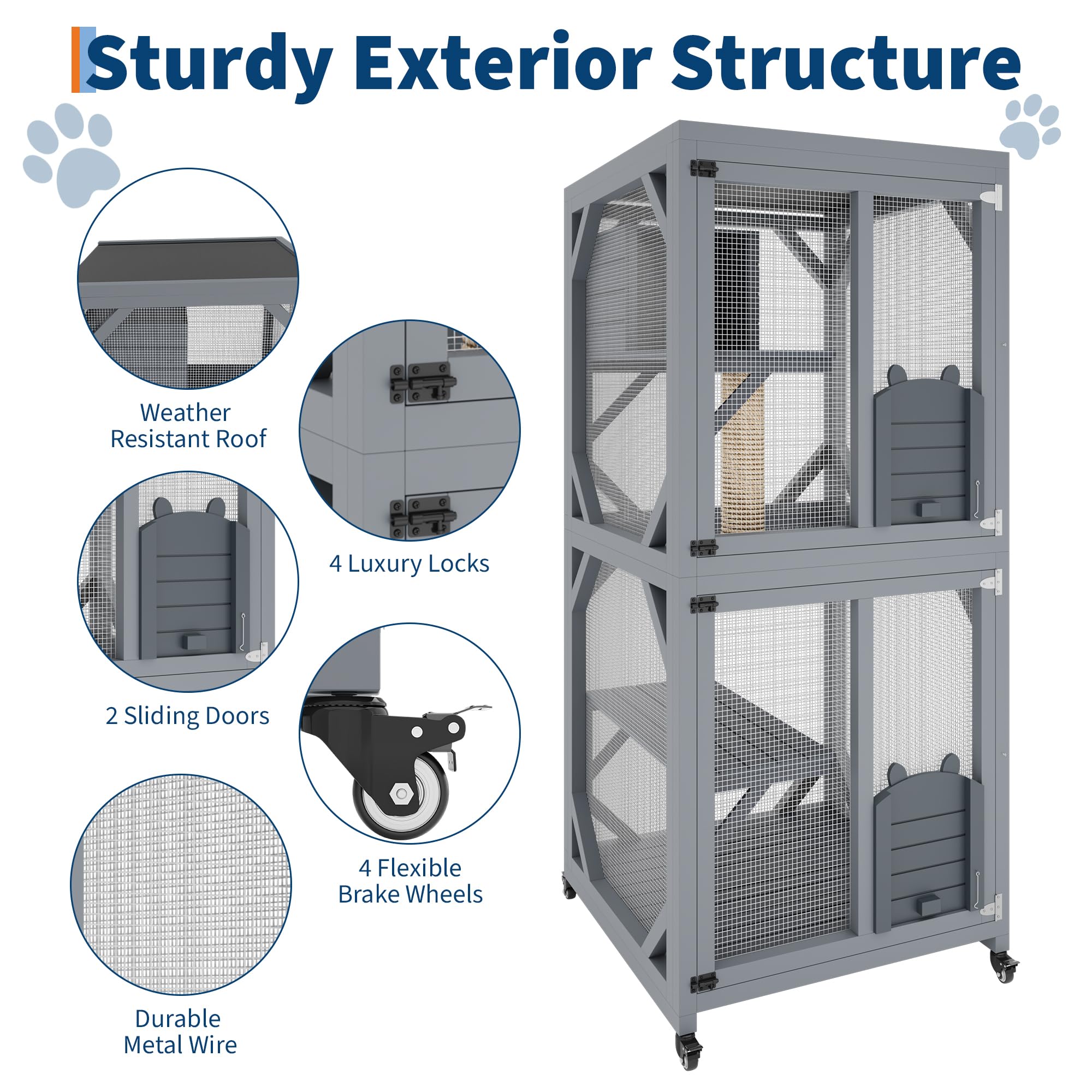 Garvee 4 Tier Wood Catio Outdoor Window Cat Enclosure with Scratch Post & Resting Box, Weatherproof Roof, Lockable Casters, Dual Sliding Doors, Indoor-Outdoor Playpen