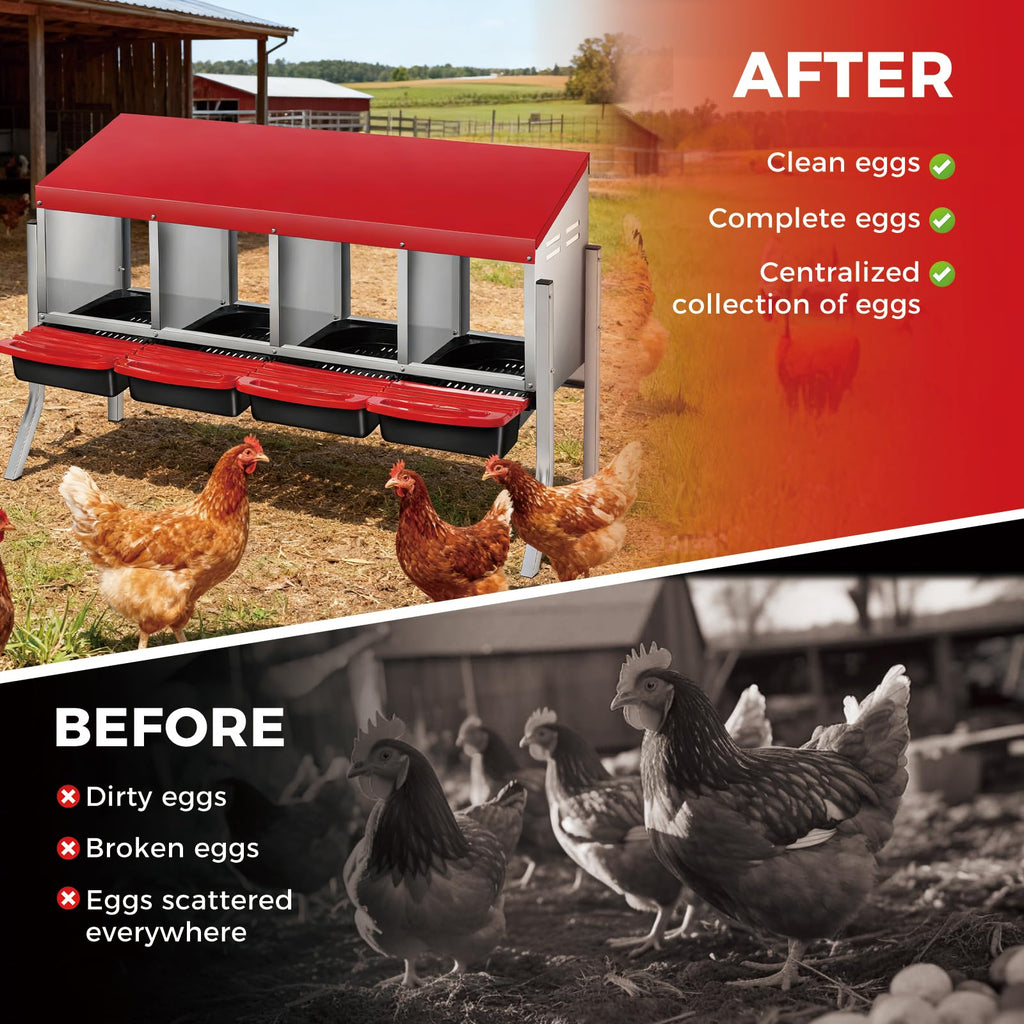 Garvee Heavy-Duty Metal Chicken Nesting Box for Easy Egg Collection - 4 Compartments with Removable Trays - Wall Mount or Stand - Ideal for Backyard Poultry, Red, Four Grids + Bracket