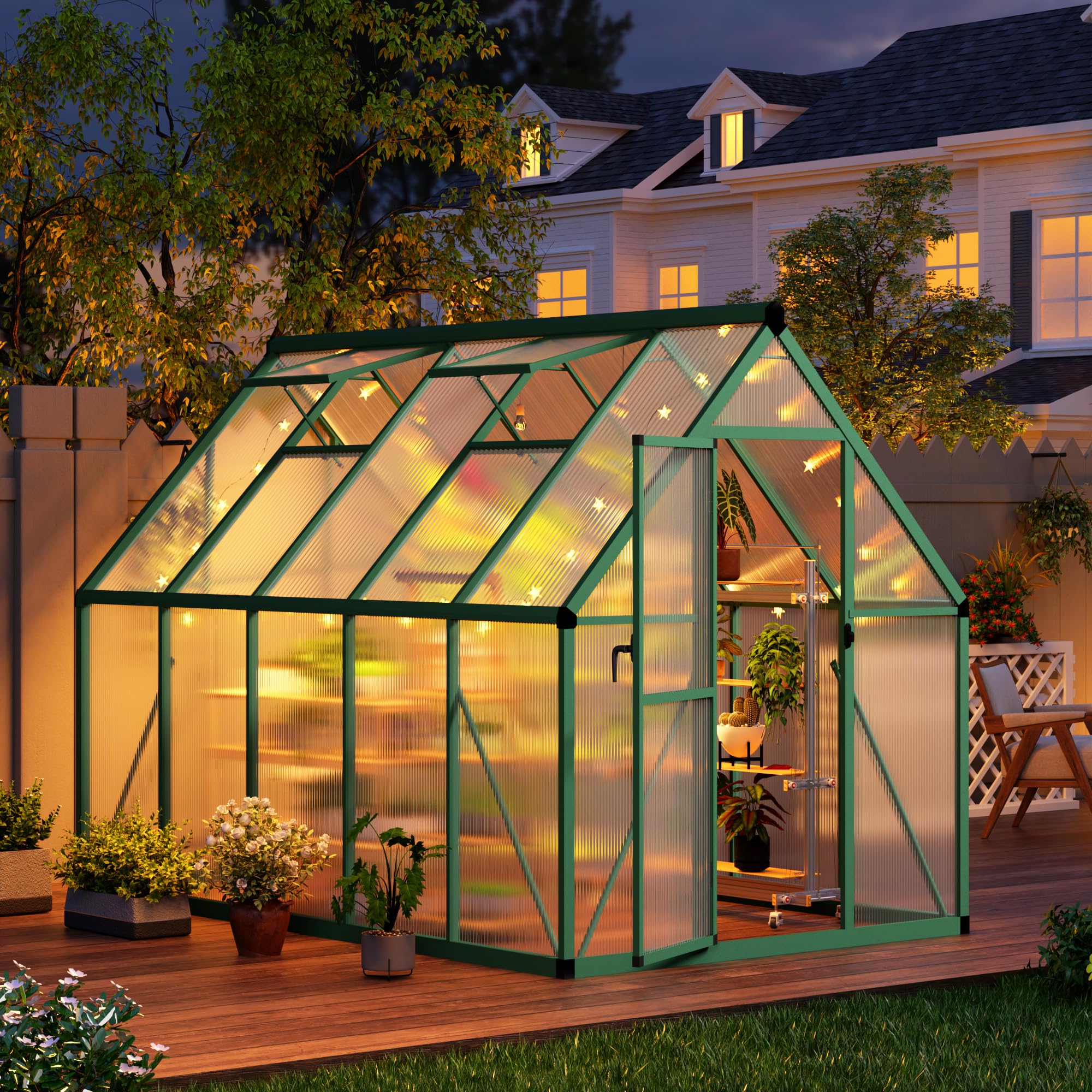 Garvee 6' x 9' Polycarbonate Walk-In Greenhouse, Aluminum Frame Greenhouse with 4mm Twin-Wall Panels, Lockable Door, Roof Vent & Ground Stakes, Green
