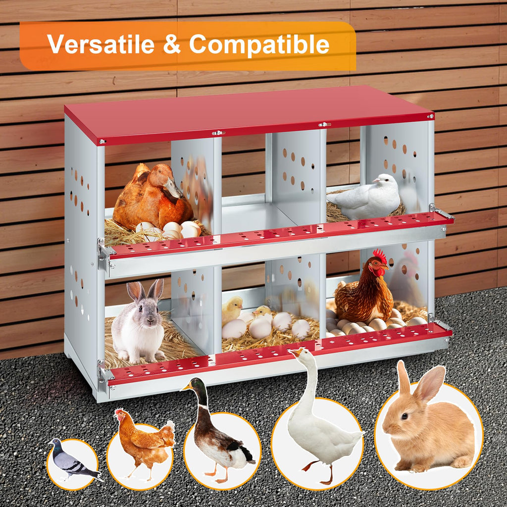GARVEE 6-Compartment Galvanized Steel Nesting Box - Easy Egg Collection, Ventilated Design for Hens/Ducks/Rabbits Backyard Coop