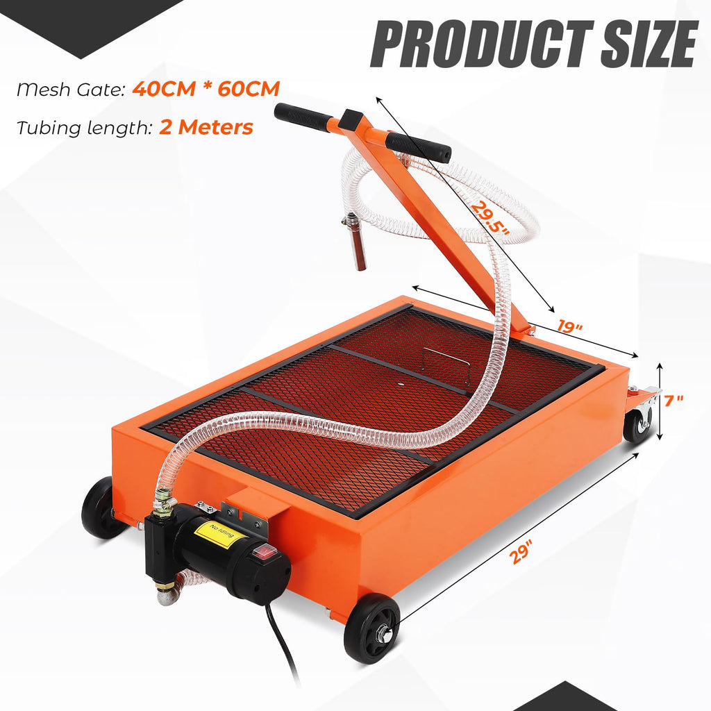 Garvee 20 Gallon Low Profile Oil Drain Pan with 110V Electric Pump, High-Impact Polypropylene, Collapsible T-Handle, 8ft Hose, Rolling Cart for Garage Use