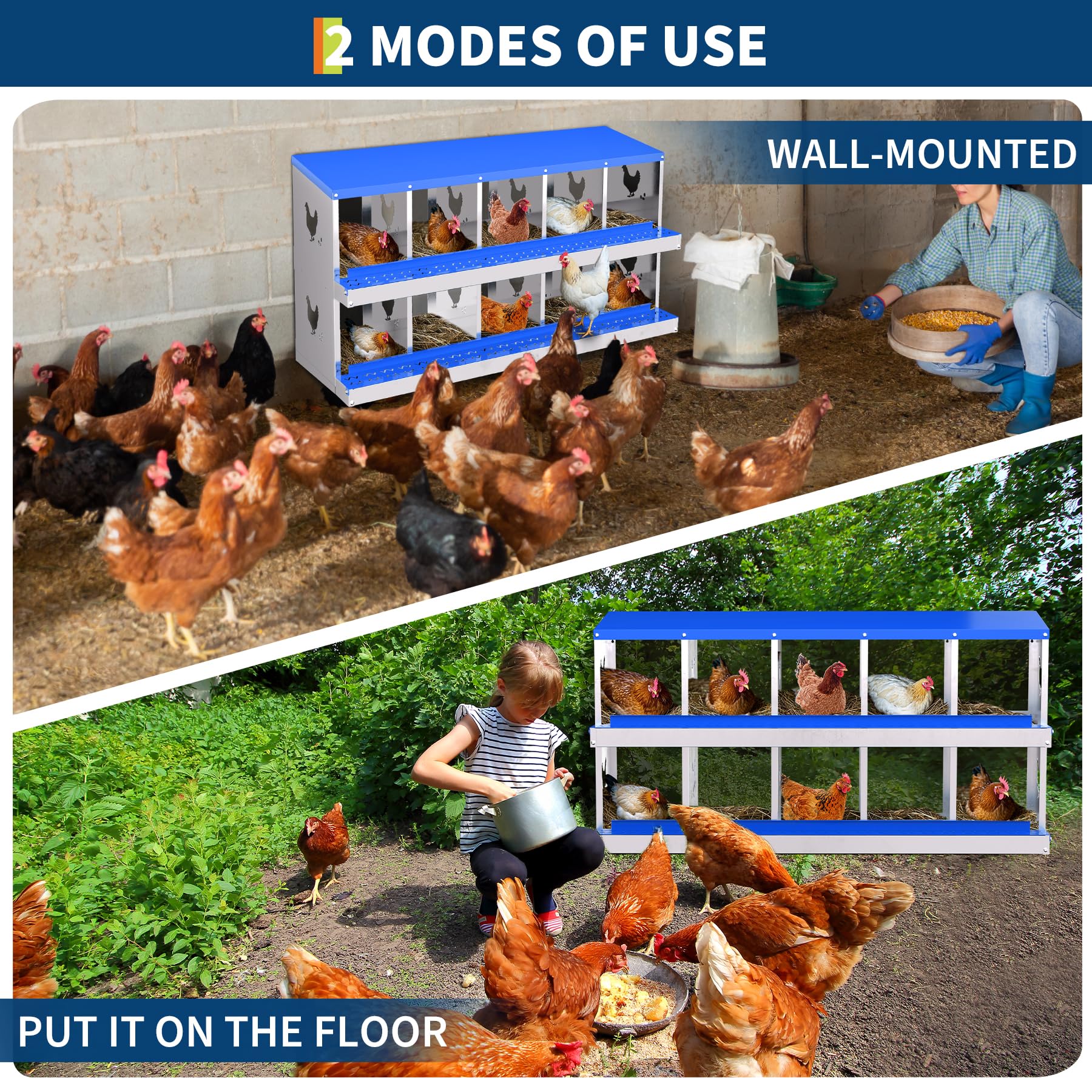 Garvee 10-Hole Chicken Nest Box Heavy Duty Galvanized Steel  Ventilation System Bioengineering Design Blue for Hens Ducks Small Poultry