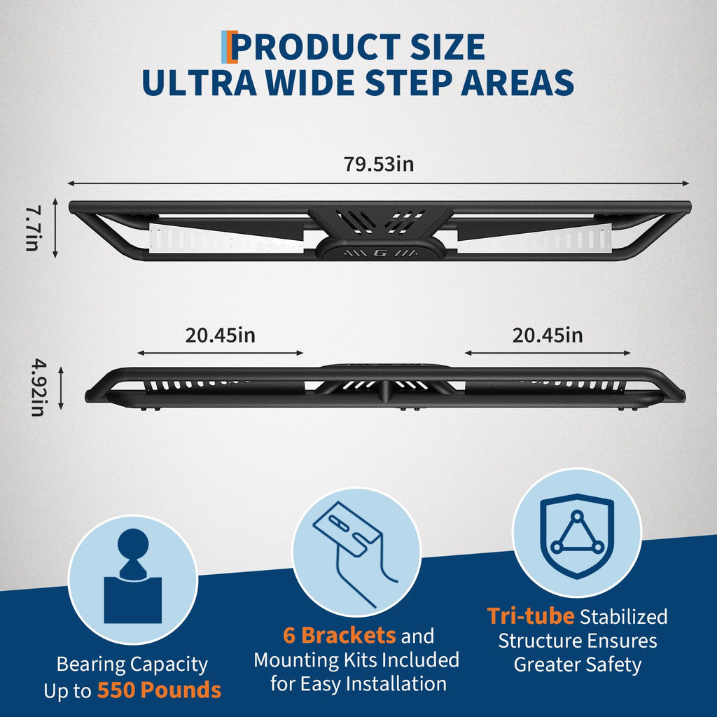 Garvee Side Bars for Toyota Tacoma 2005-2023 Double Cab - 2" Carbon Steel Tri-Tube, 500LBS Load Non-Slip Pads, Bolt-On Install, Rust Resistant - Off-Road Protection