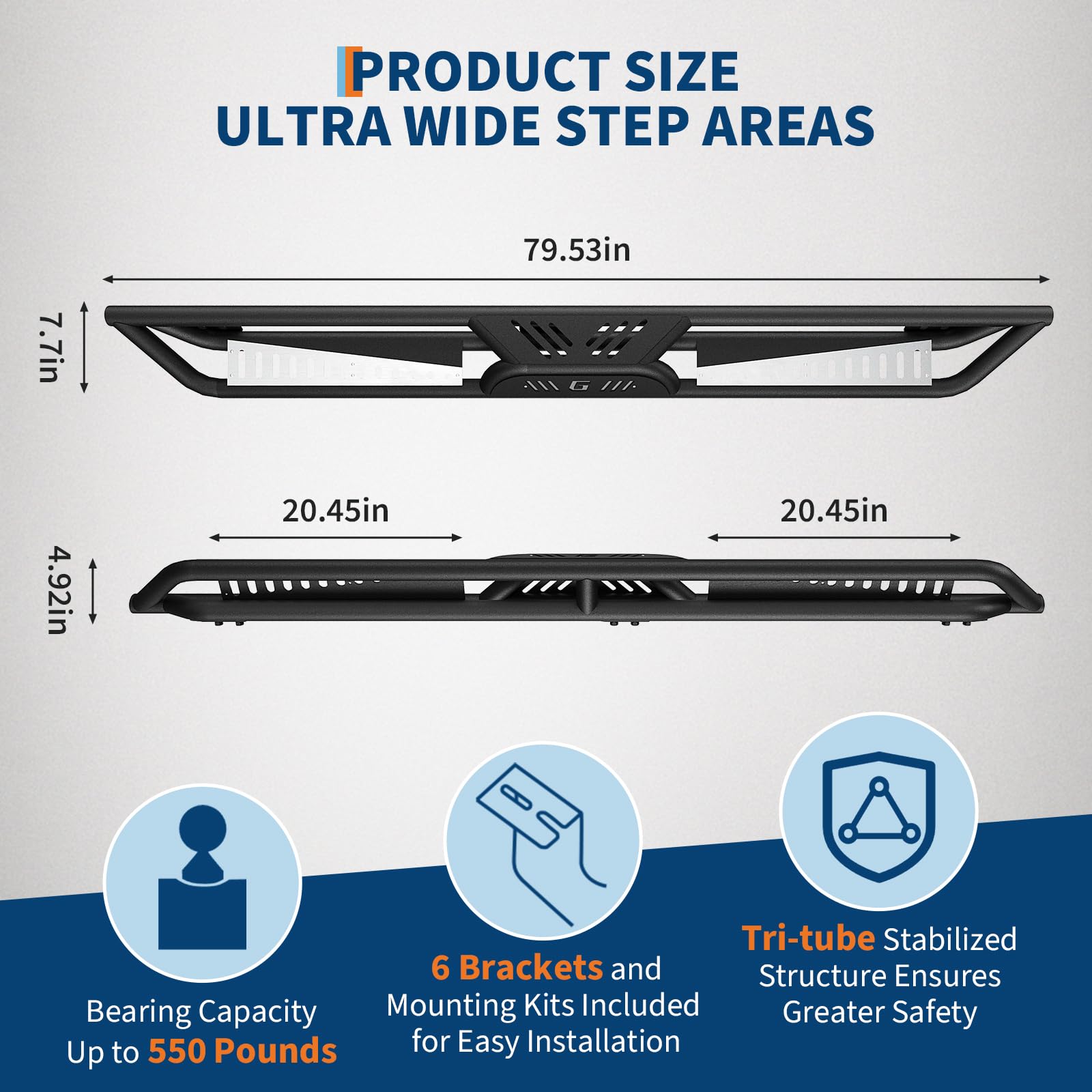 Garvee Side Bars for Toyota Tacoma 2005-2023 Double Cab - 2" Carbon Steel Tri-Tube, 500LBS Load Non-Slip Pads, Bolt-On Install, Rust Resistant - Off-Road Protection
