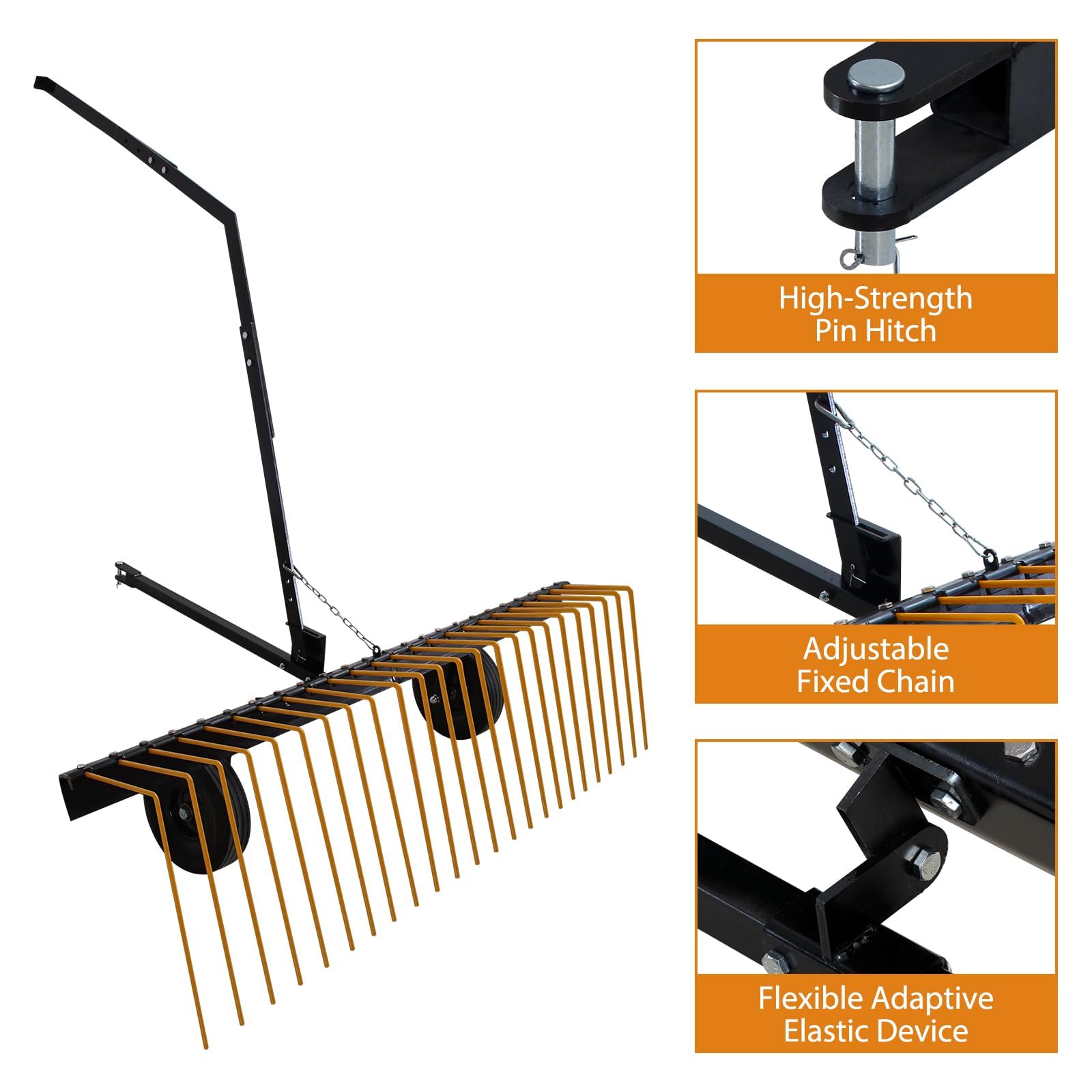 Garvee 59'' Tow Behind Lawn Dethatcher,24 Durable Spring Steel Tines Lawn Dethatcher, Tow Behind Steel Pine Straw Rake Designed to Lawn and Garden Tractors, Orange&Black