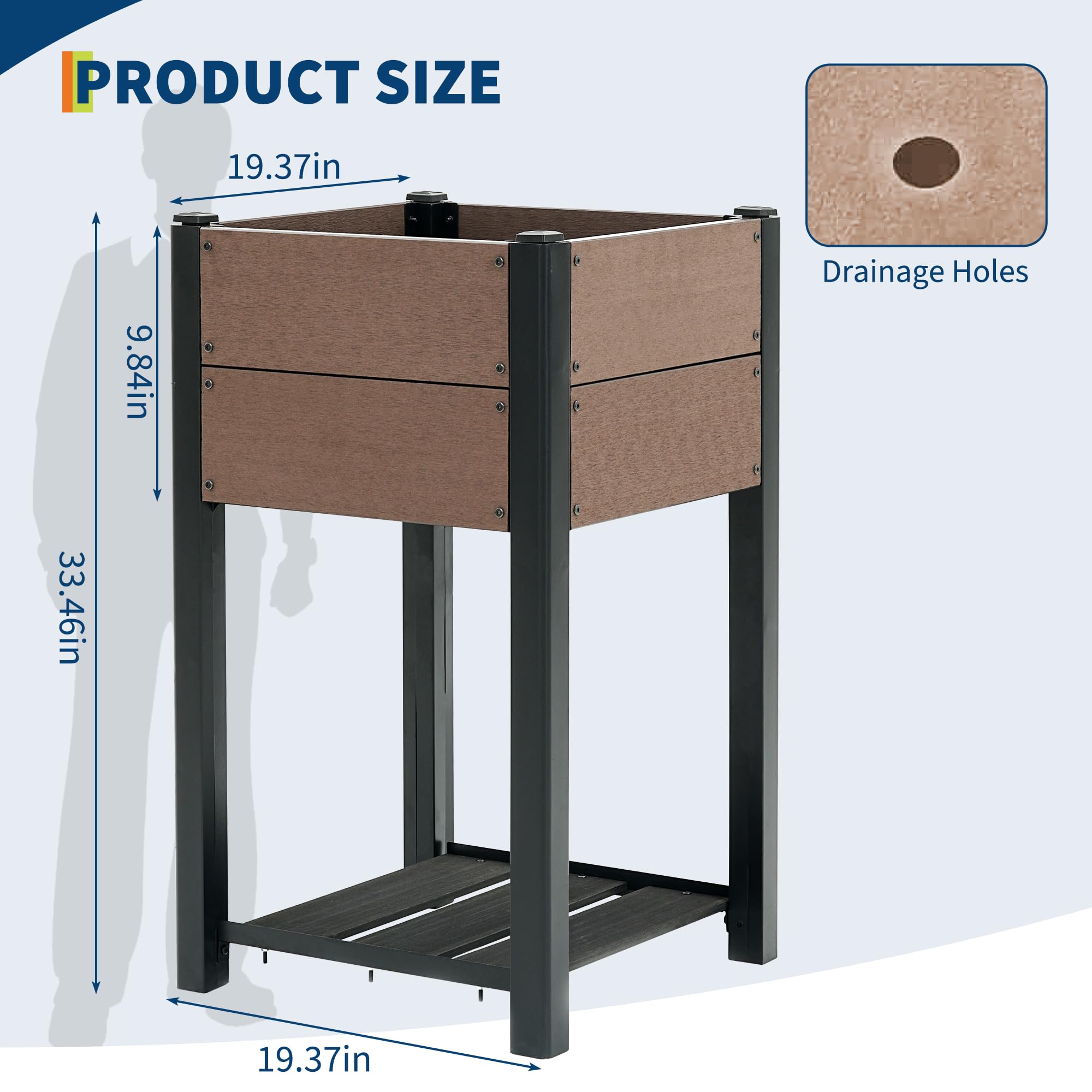 Garvee 19" × 33" HDPE Elevated Raised Garden Bed, Wood-Grain Planter Box with Black Aluminum Frame & Storage Shelf, Brown