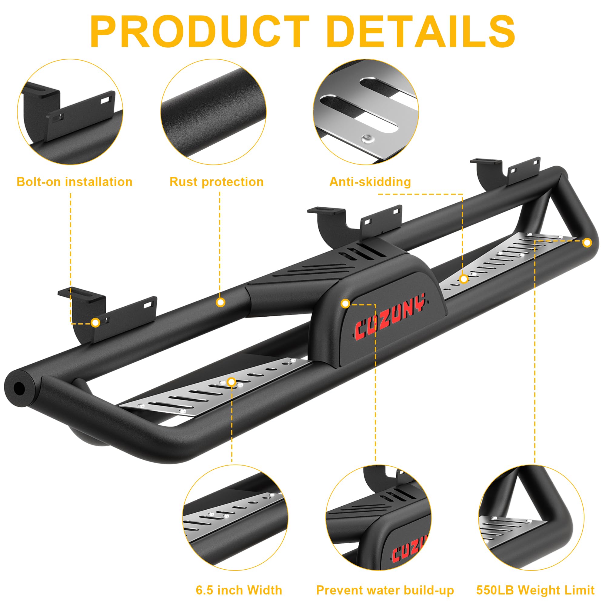 Garvee 6" Running Boards with Two-Layer Stairs Design, All-Steel Bolt-On Side Steps, Black Powder Coated Nerf Bars, Fits 2019-2024 Chevy Silverado Crew Cab (Excludes 2019 1500 LD/Limited)