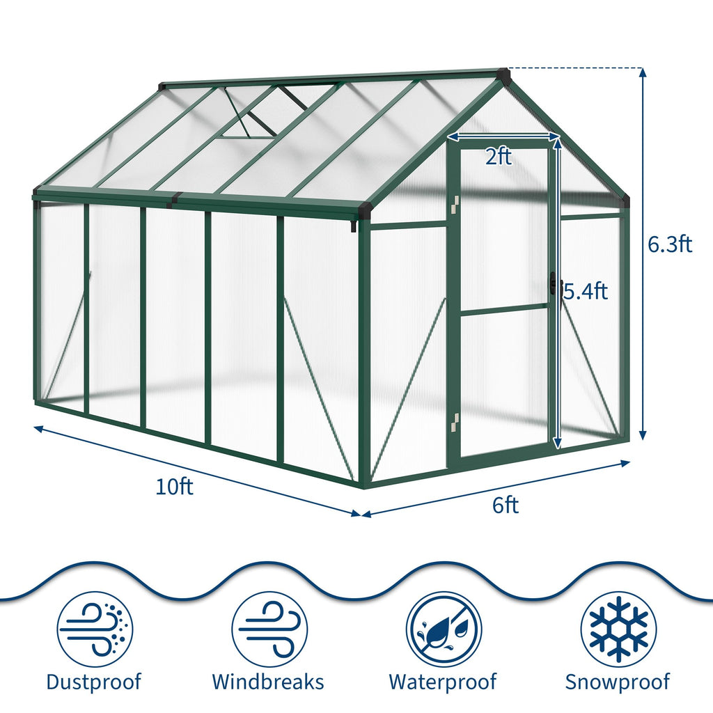 Garvee 6x10 FT Walk-in Greenhouse Polycarbonate Panels Aluminum Frame Roof Vent Ground Nails Backyard Garden