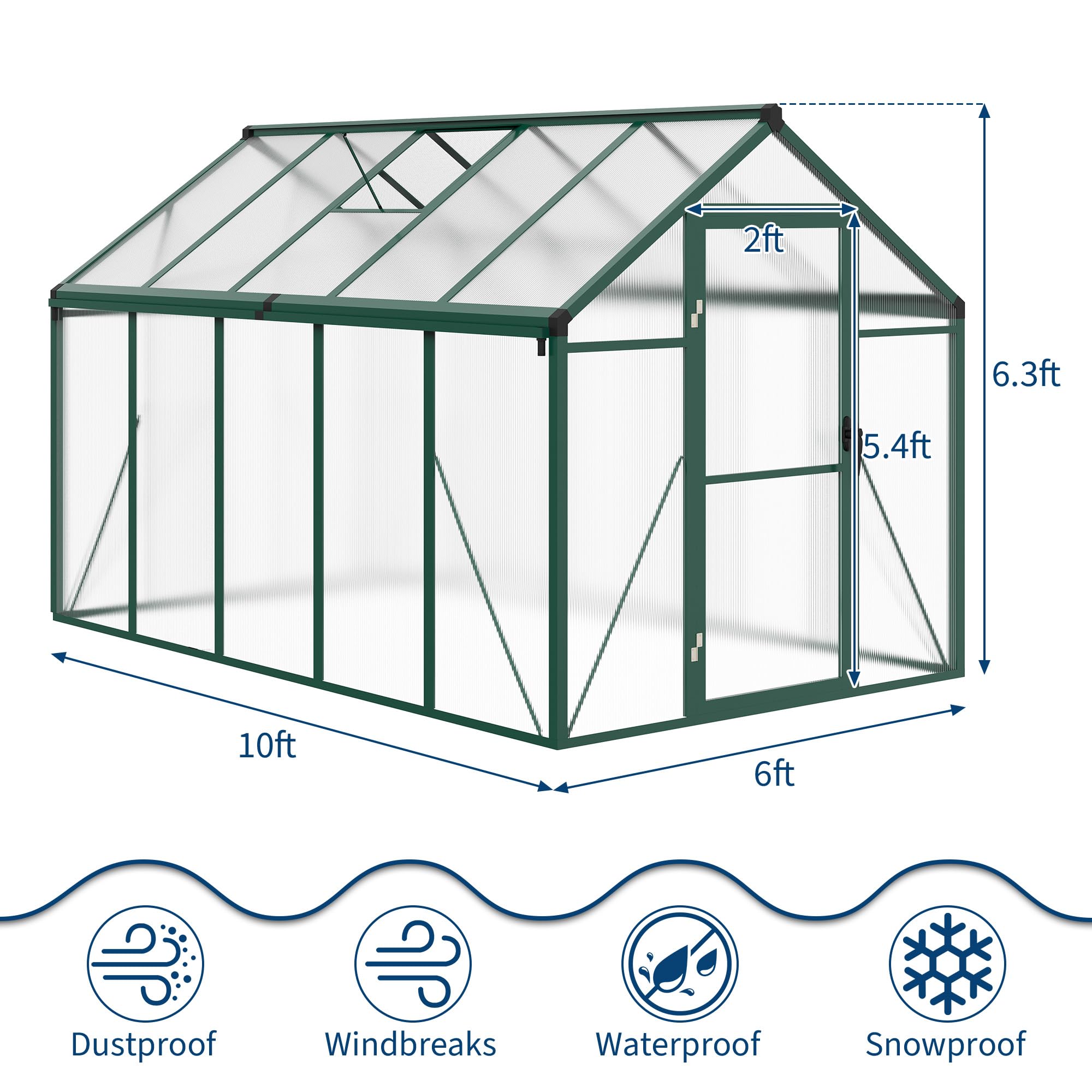 Garvee 6x10 FT Walk-in Greenhouse Polycarbonate Panels Aluminum Frame Roof Vent Ground Nails Backyard Garden