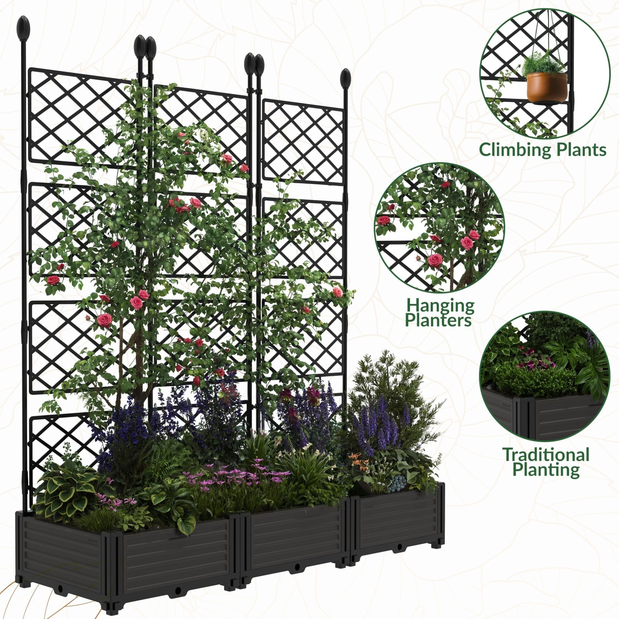 Garvee 3 PCS Raised Garden Bed with Trellis, 48" x 63" Plastic Planter Box for Climbing Plants, Outdoor Vertical Garden with Privacy Screen for Patio, Balcony, Backyard – Sturdy & Lightweight