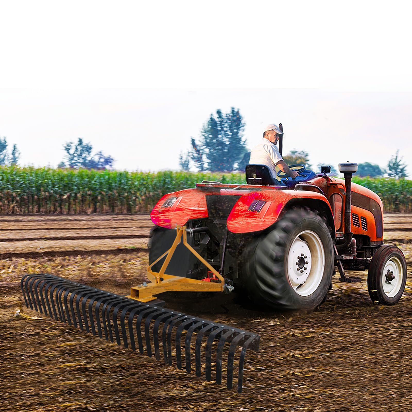 Garvee Landscape Rock Rake 5 FT 3-Point Attach Heavy Duty Steel Tines Rotatable Adjustable Tow-Behind Garden Tractor for Lawn and Field