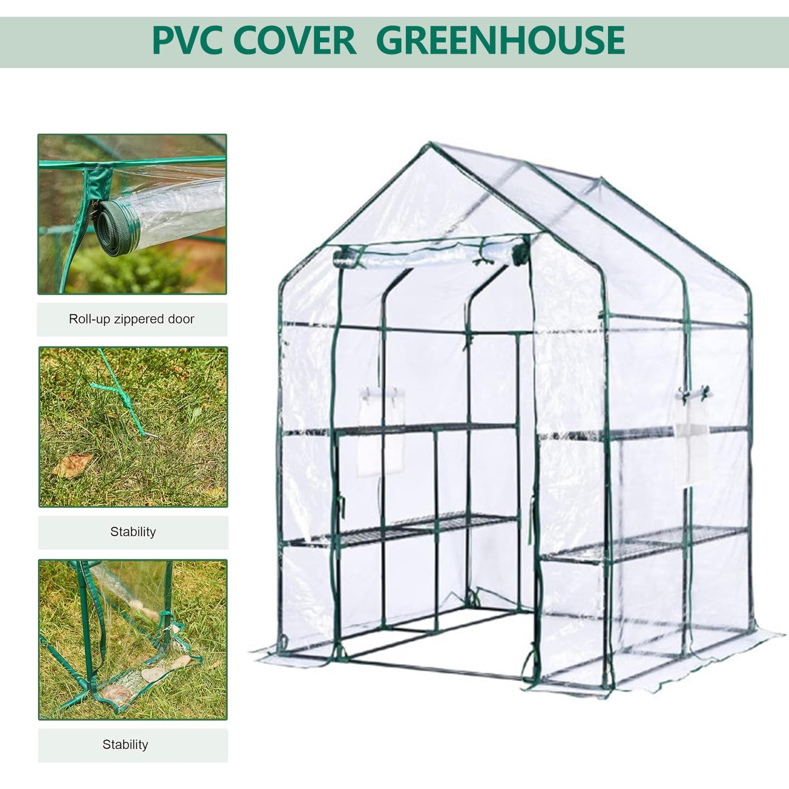 Garvee Walk-in Greenhouse with 6 Shelves, 56.3"x56.3"x76.77" Outdoor Portable Gardening House with Durable PE Cover & Zipper Door, Sturdy Anti-Rust Metal Frame, Ideal for Plants & Seedlings