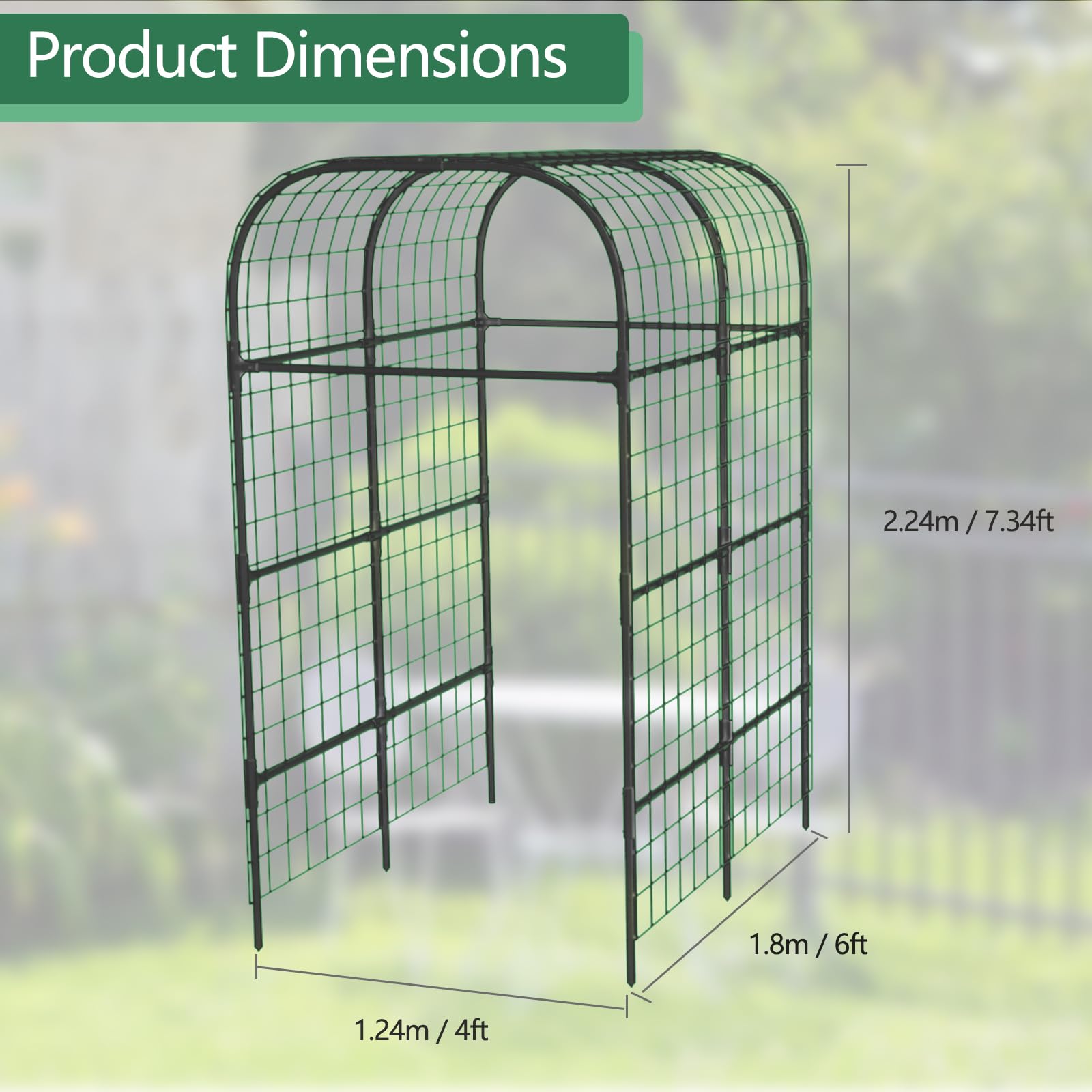 Garvee 7.3Ft Metal Garden Arch Trellis Black Climbing Plant Support Durable Rust-Resistant Steel Plastic Connectors Easy Assembly for Raised Beds