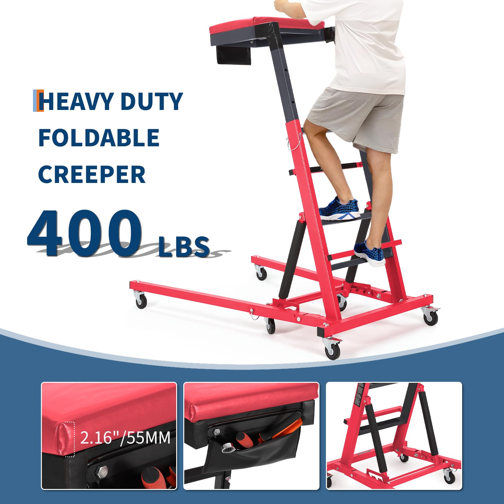 Garvee Top Automotive Creeper Adjustable Height 49.21-68.89" 400 LBS Capacity 6 Swivel Caster Wheels Foldable Steel Frame for Garage Maintenance