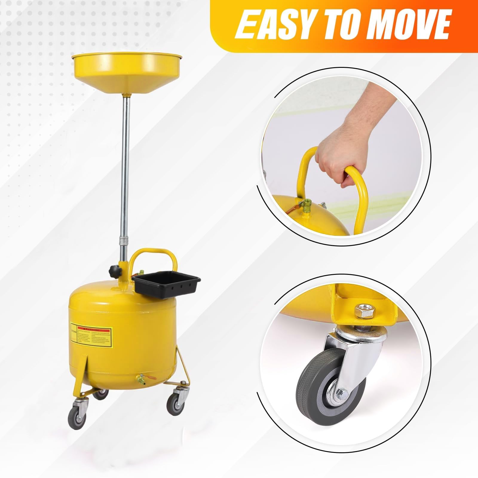 Garvee 8 Gal Portable Waste Oil Drain Change Tank, 15 in Funnel, Adjustable Height 28"-62", 360° Wheels, Built-in Toolbox for Easy Use, Yellow